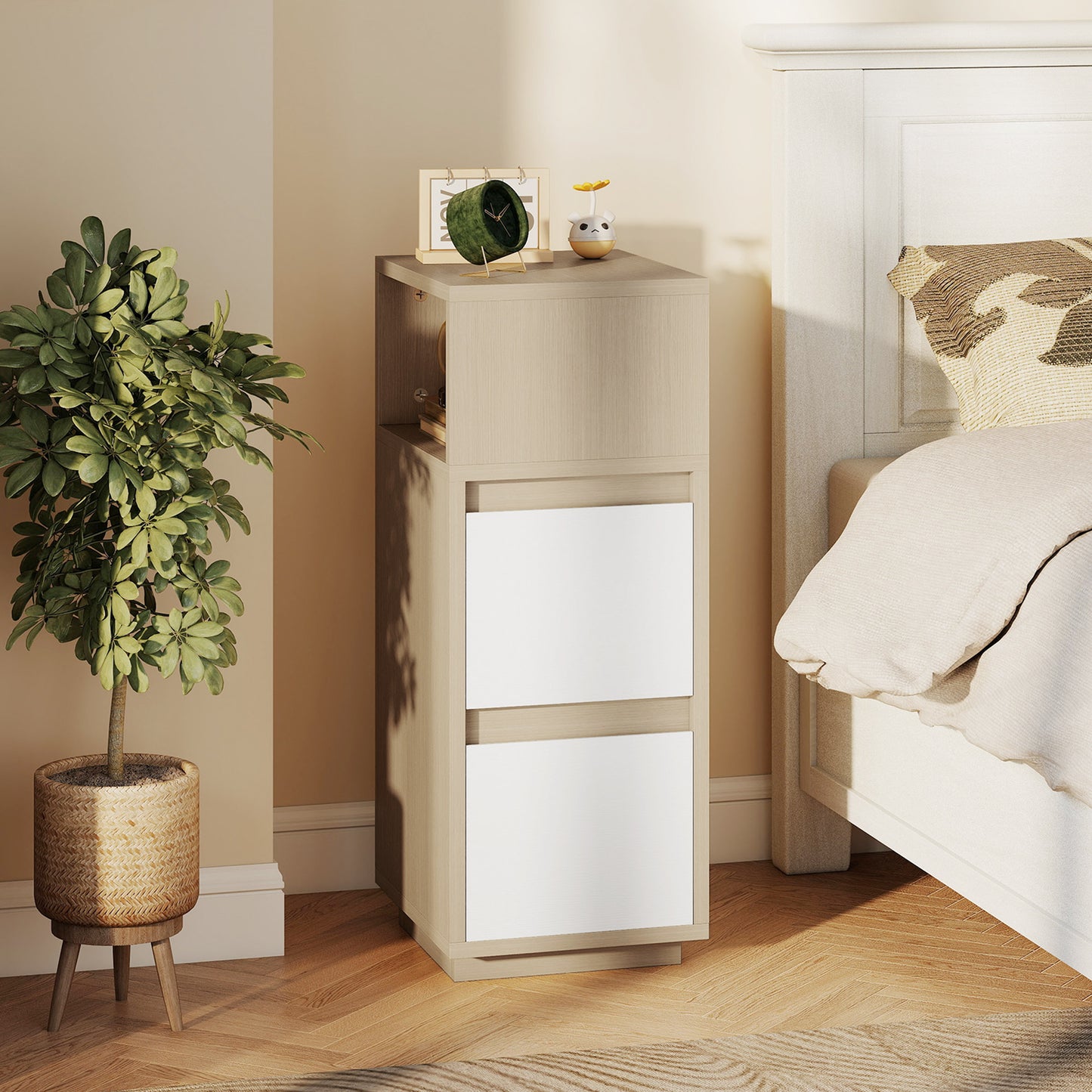 HOMCOM Slim Bedside Table Narrow Cabinet With Open Shelf And Two Drawers Natural Wood Finish For Bedroom And Living Room