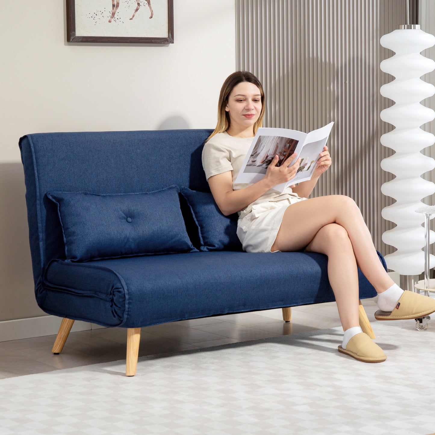 HOMCOM Two Seater Linen Look Sofa Bed Dark Blue With Click Clack Mechanism For Day And Night Comfort