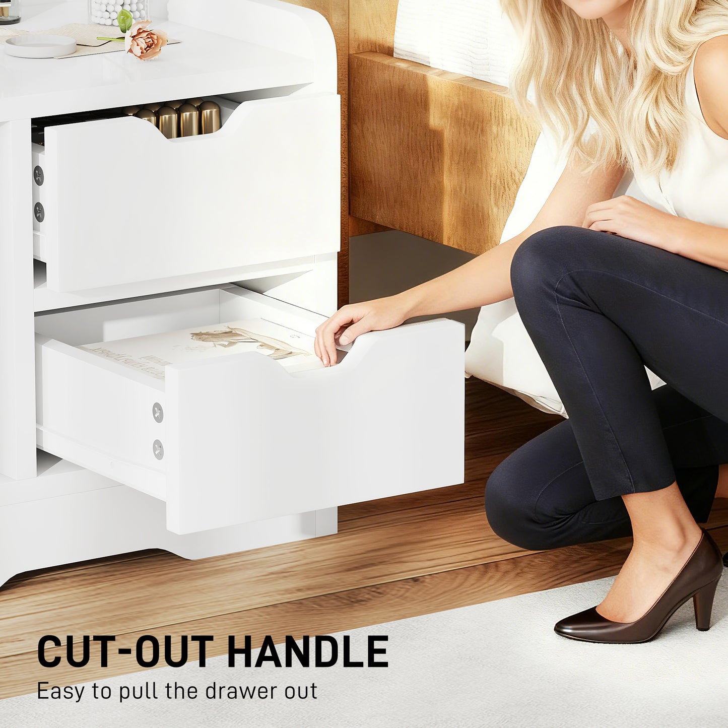 HOMCOM Bedside Table With 2 Drawers And Open Shelves For Alarm Clocks Books And Decor In High Gloss White