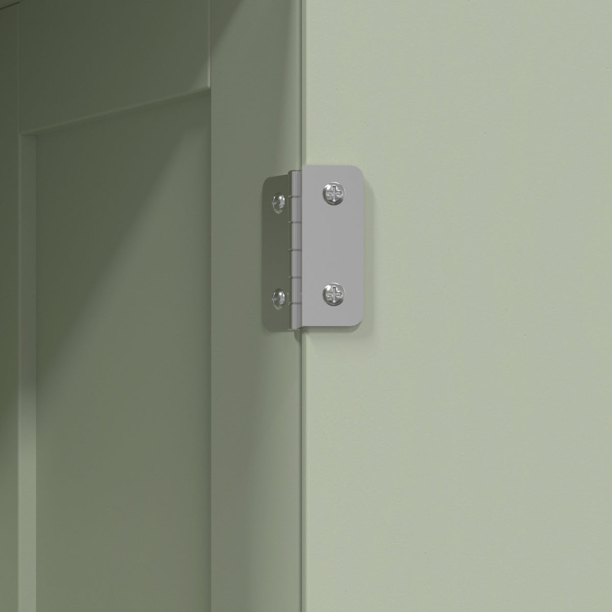 Light green cabinet door hinge hardware with mounting screws.