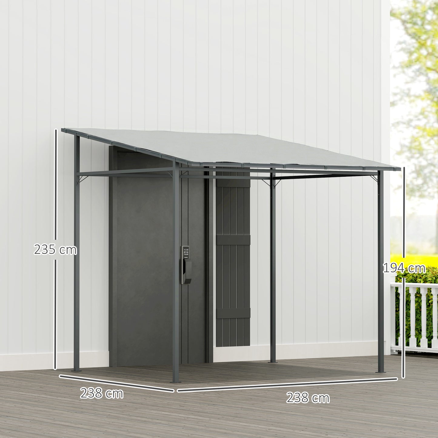 Outsunny 2.4 by 2.4 m Wall Mounted Pergola Gazebo with PA Coated Fabric and UPF 30 Metal Frame Lean To Light Grey