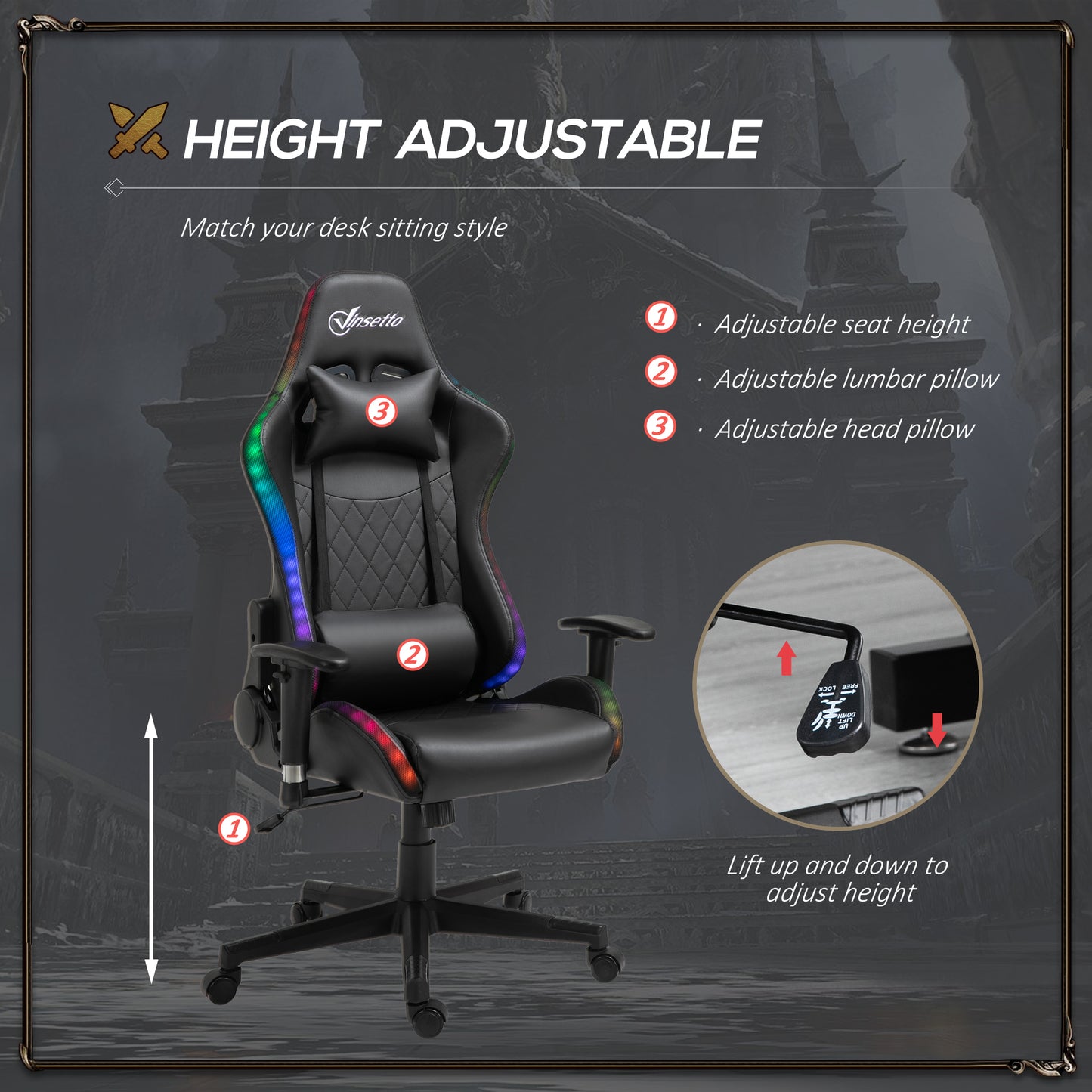 Vinsetto RGB LED Gaming Office Chair with Adjustable Height, 2D Armrests, and Lumbar Support for Ultimate Comfort - ALL4U RETAILER LTD