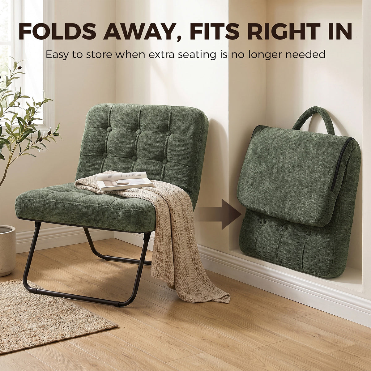 Foldable accent chair in dark green chenille with tufted back and black metal frame
