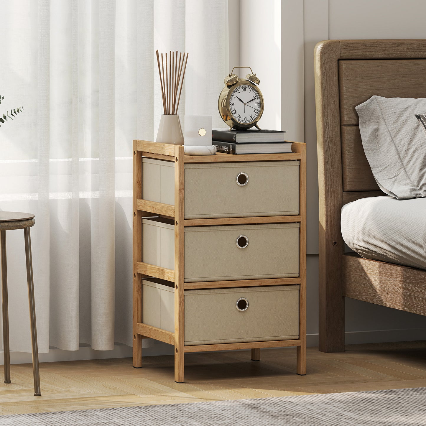 HOMCOM Narrow Chest Of Drawers With Bamboo Frame And 3 Fabric Drawers In Cream White
