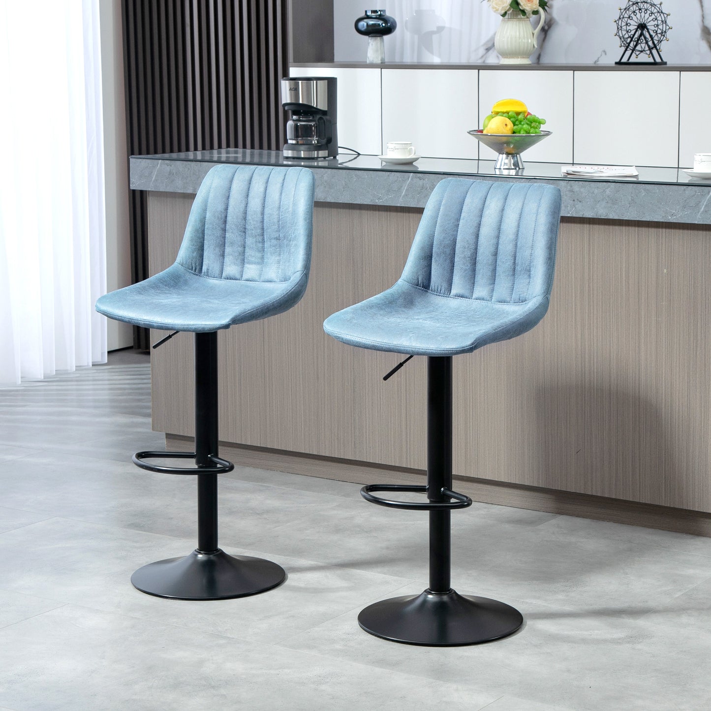 HOMCOM Retro Blue Adjustable Bar Stools Set of 2 with 360° Swivel and Footrest for Home Dining and Pub Use - ALL4U RETAILER LTD