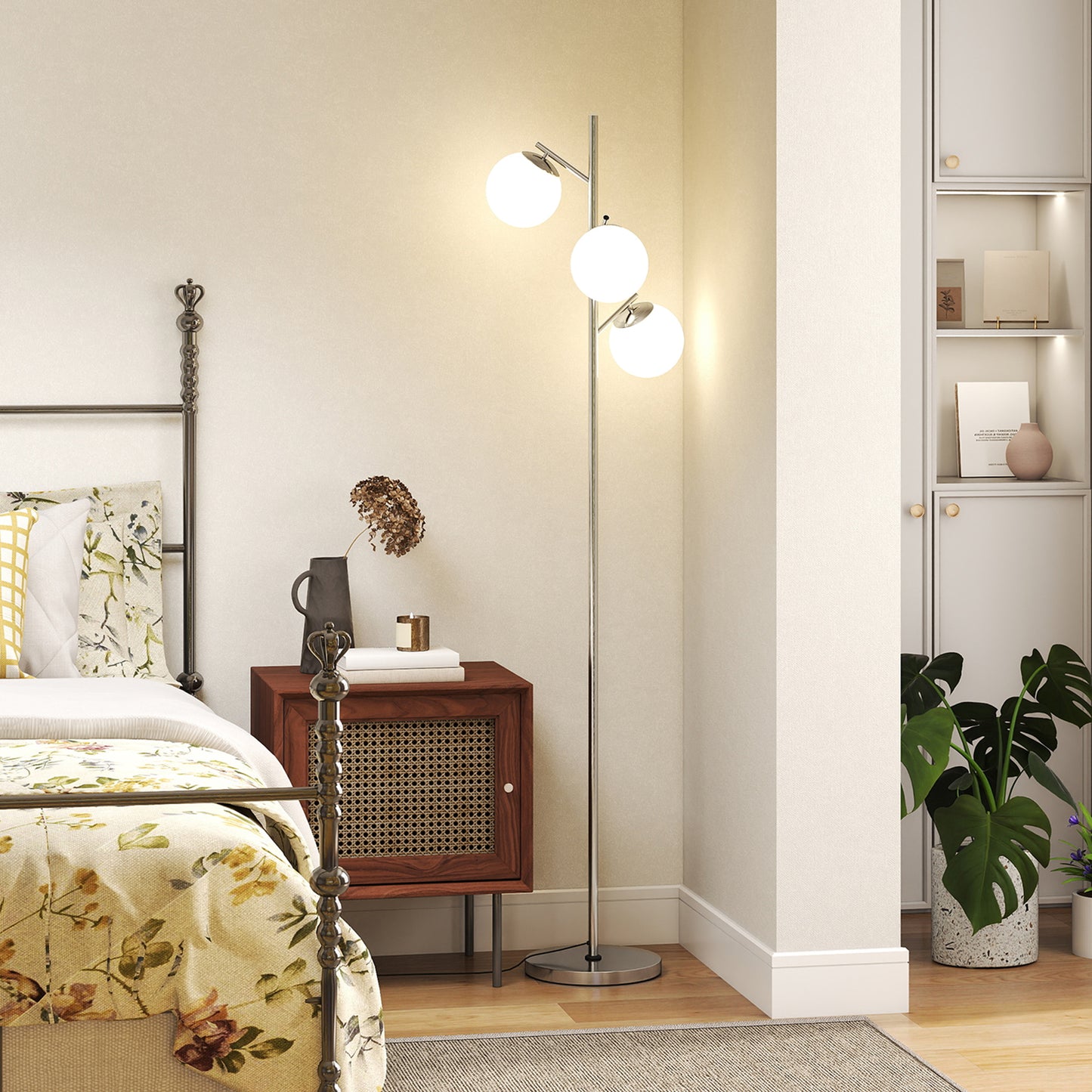 HOMCOM 3 Light Tree Floor Lamp With Globe Shades Modern Standing Lamp Living Room Bedroom 3000K 4000K 6000K Silver Tone