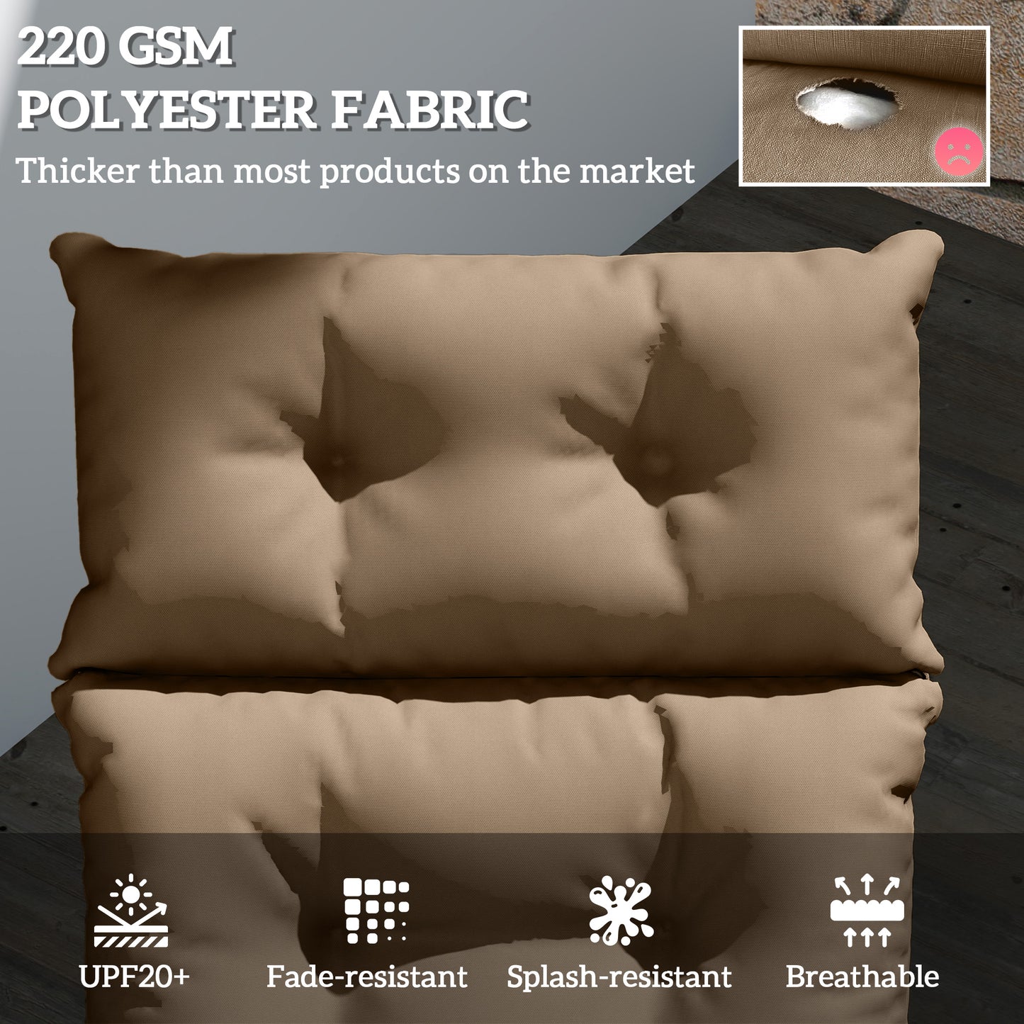 Outsunny Sun Lounger Cushions Set 190x56x10cm Khaki With 6 Ties UPF20 Plus 220gsm Durable Sunbed Cushions