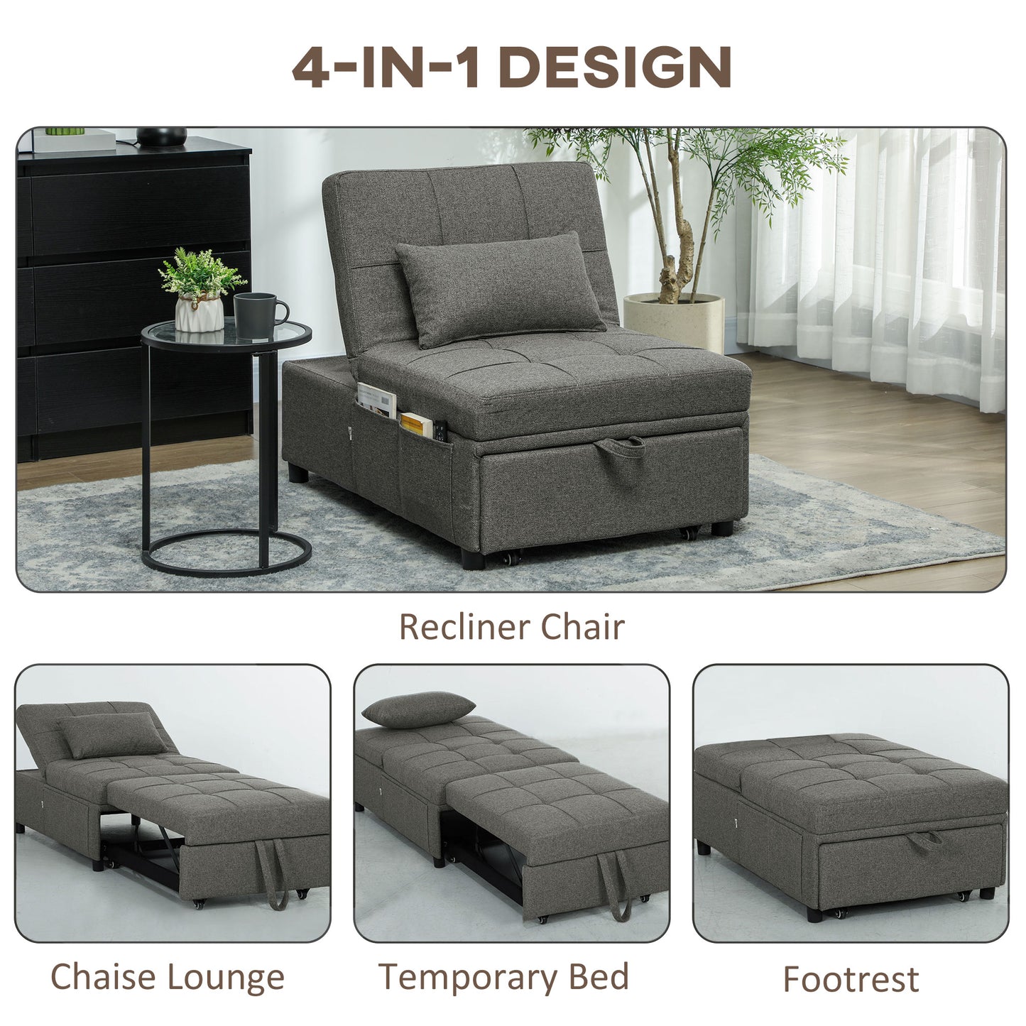 HOMCOM Four In One Sleeper Chair Bed With Recliner Chaise Lounge And Footrest 182cm Grey