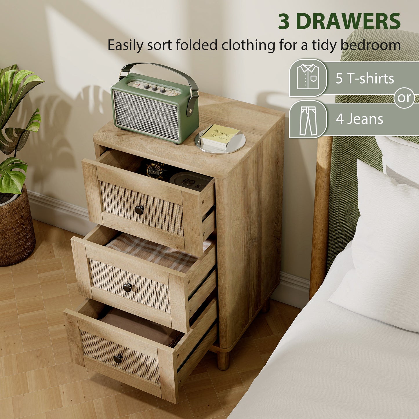 HOMCOM 40 cm Oak Finish Drawer Chest With Three Drawers For Bedroom Storage And Clutter Free Organization