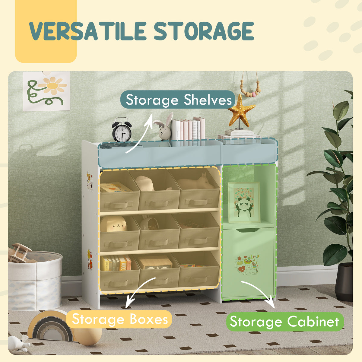 White kids toy storage organizer with shelves and removable gray bins, open cabinet front
