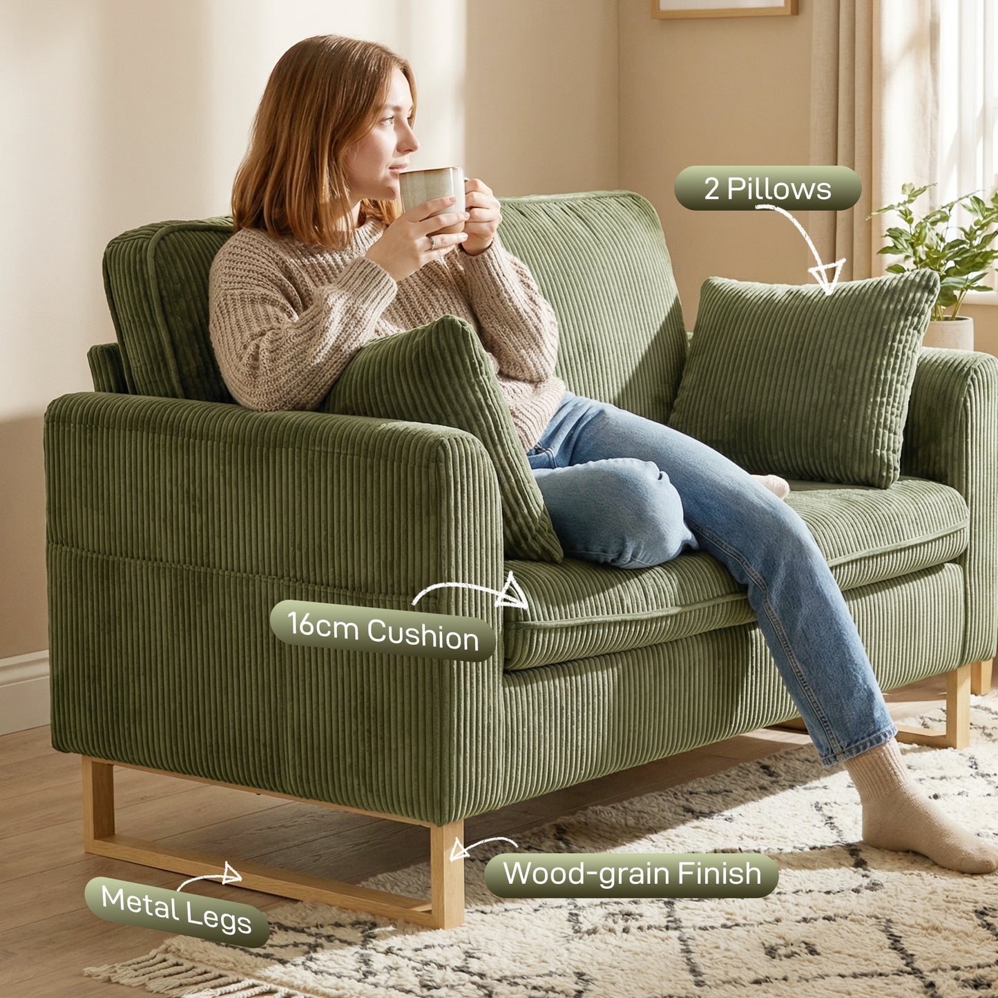 HOMCOM Two Seater Sofa Loveseat 140 Cm With Spring Cushions Metal Legs And Two Pillows Dark Green