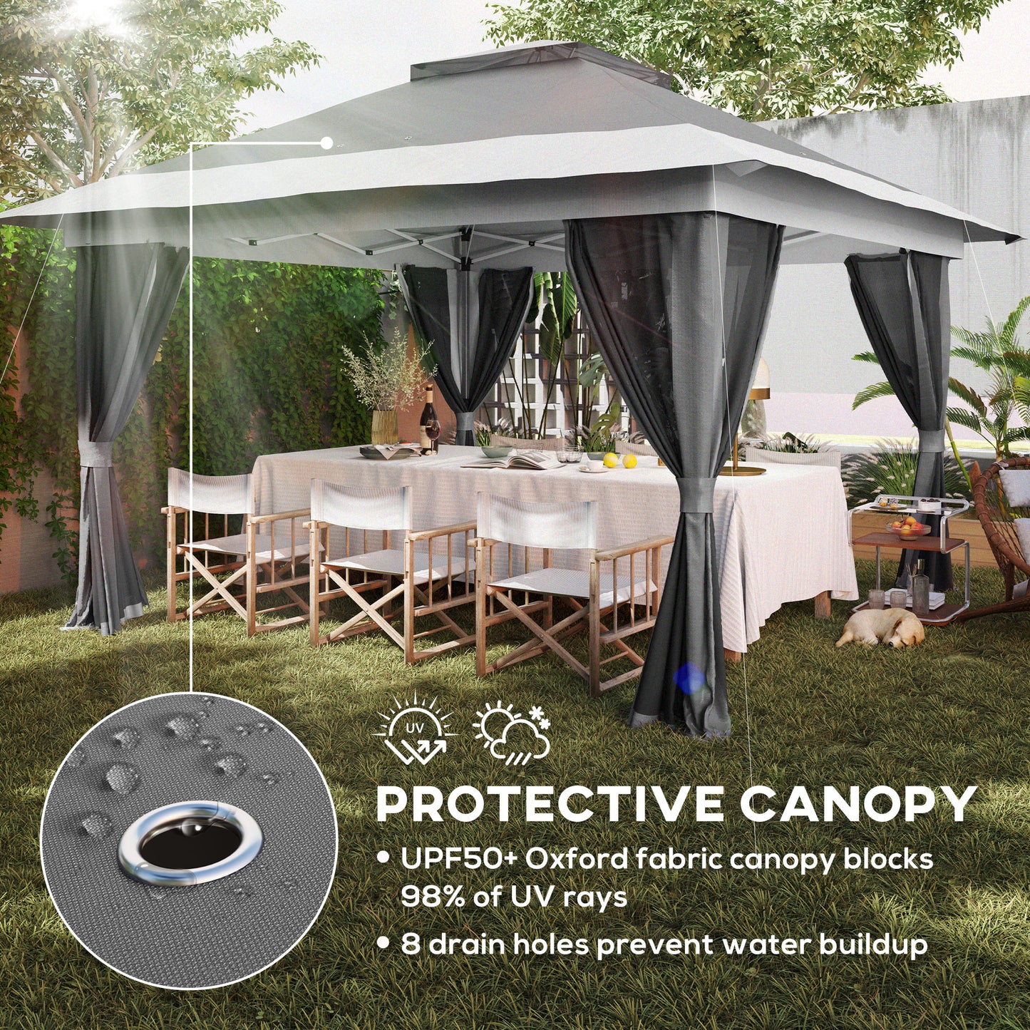 Outsunny 3.6x3.6m Pop Up Gazebo With Accessories UPF50 Canopy Removable Mesh Lining Adjustable Height 260 To 280cm Grey