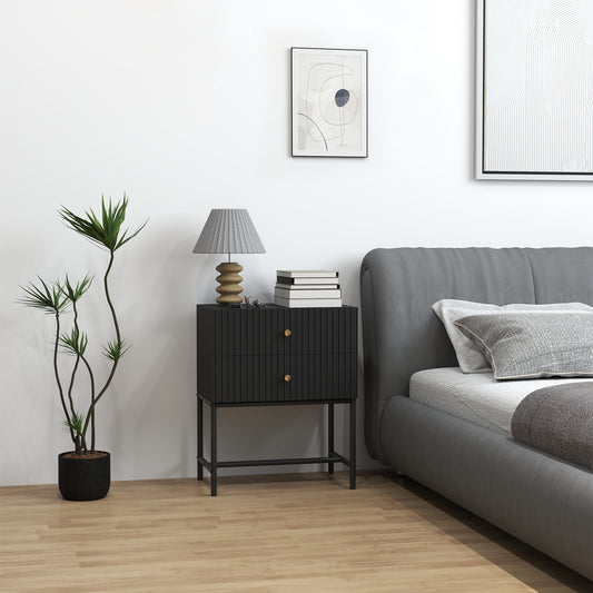 HOMCOM Elegant Two Drawer Bedside Table Black With Ridged Fronts And Gold Tone Handles Metal Base Nightstand