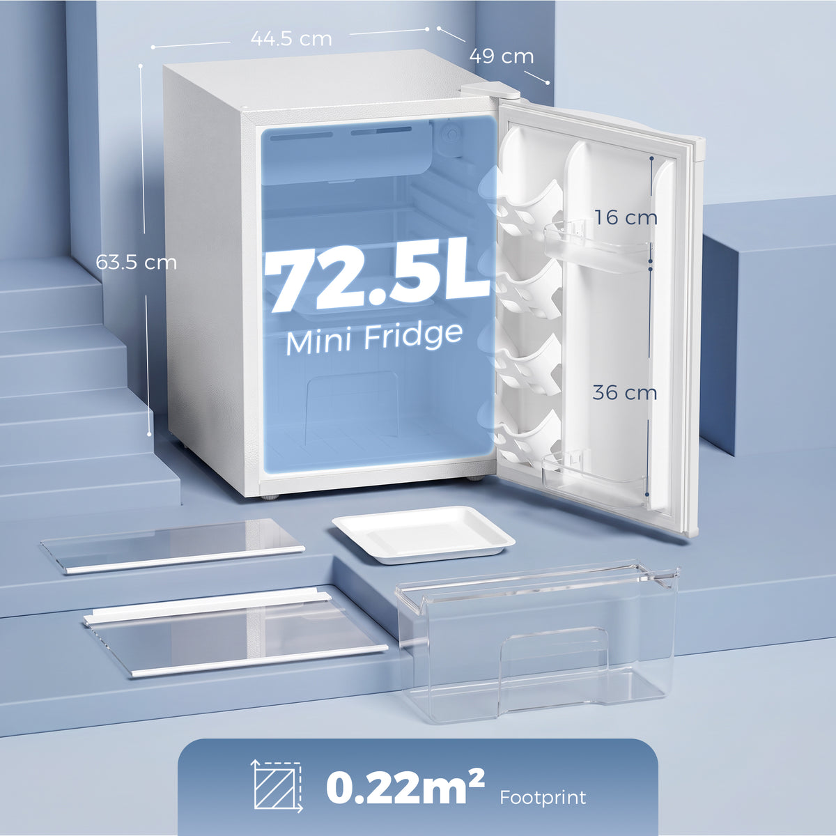White mini fridge with chiller box, open door showing removable glass shelf and trays.