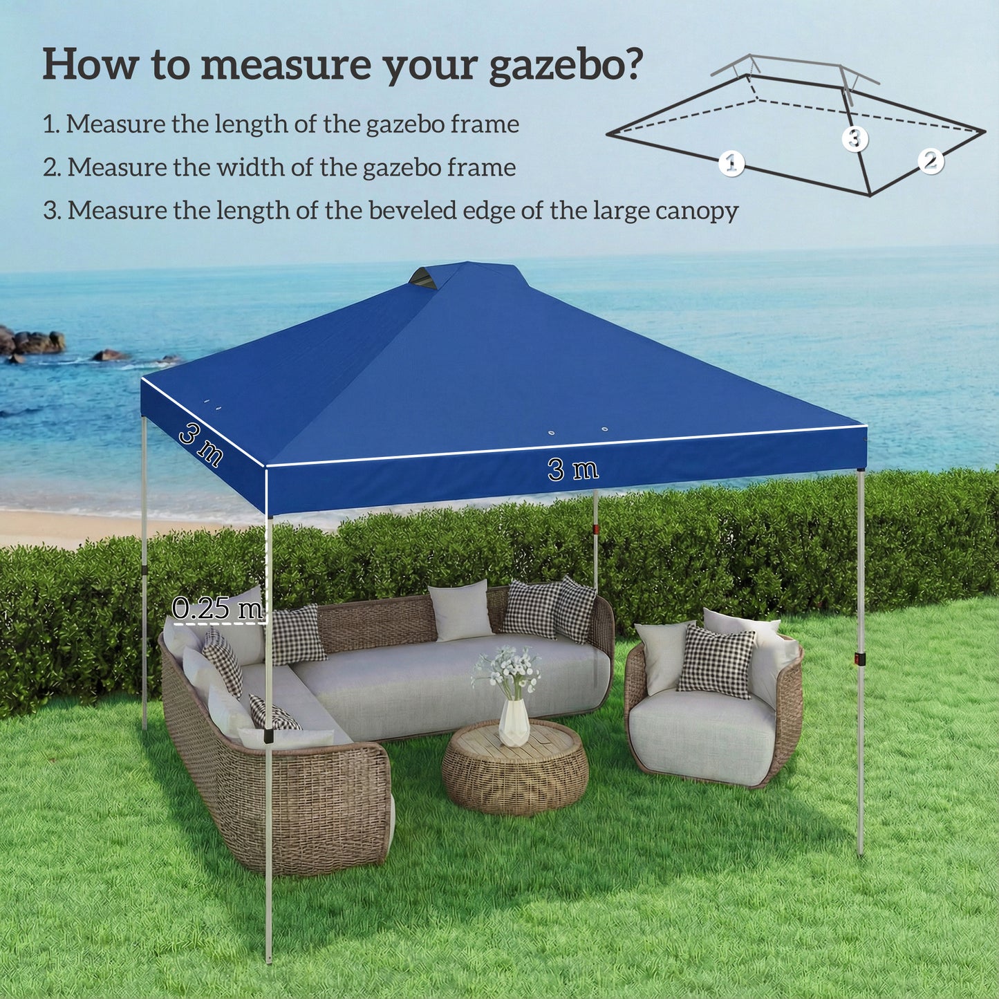 Outsunny Gazebo Roof Replacement UV 50 Plus Waterproof Pop Up Canopy Cover 3 x 3 m Blue With Eight Drainage Holes