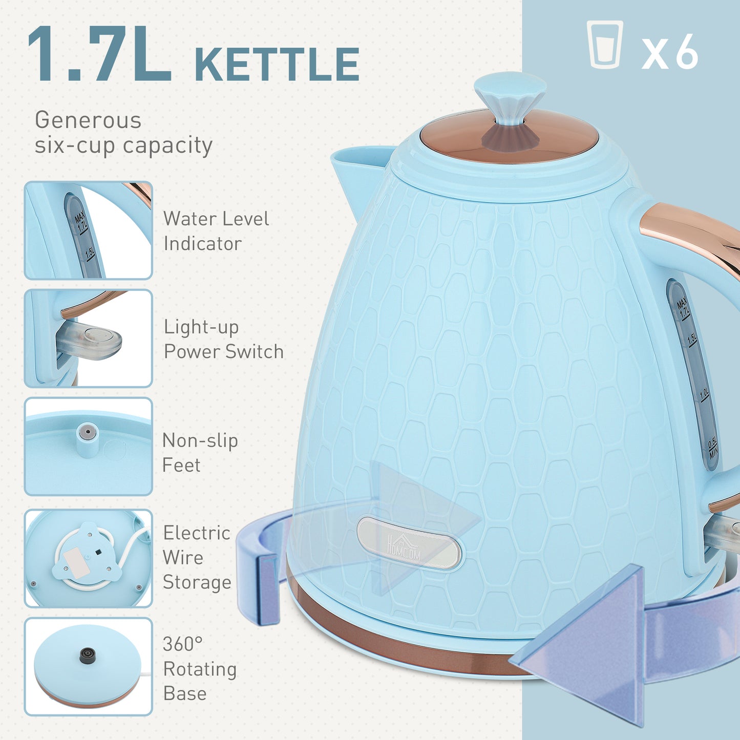 HOMCOM Kettle and Toaster Set 1.7L 3000W 4 Slice Toaster with 7 Browning Levels Light Blue Honeycomb Pattern
