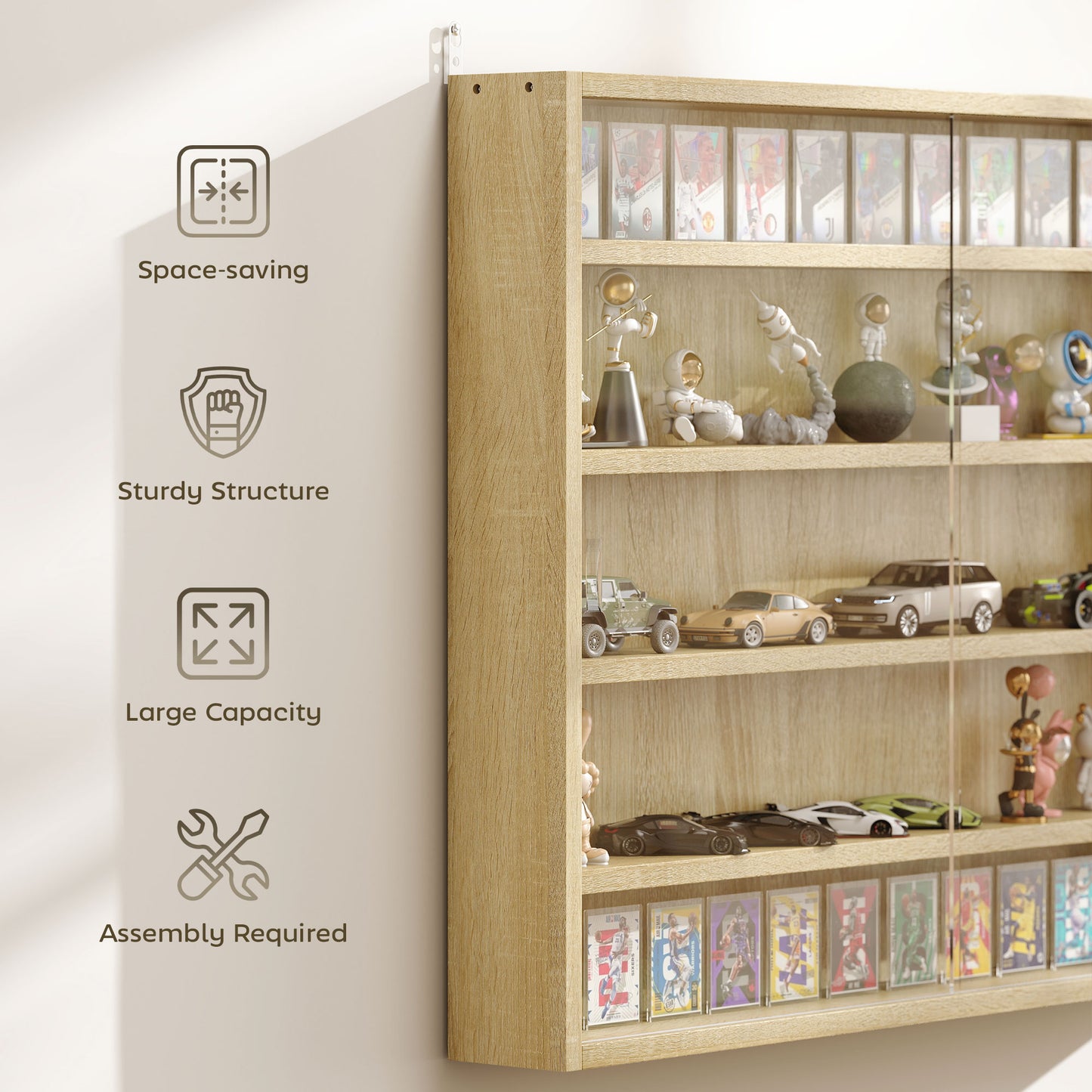 HOMCOM 5 Tier Wall Display Cabinet With Glass Doors 4 Adjustable Shelves Oak Finish 60x80cm Home Office Ornaments
