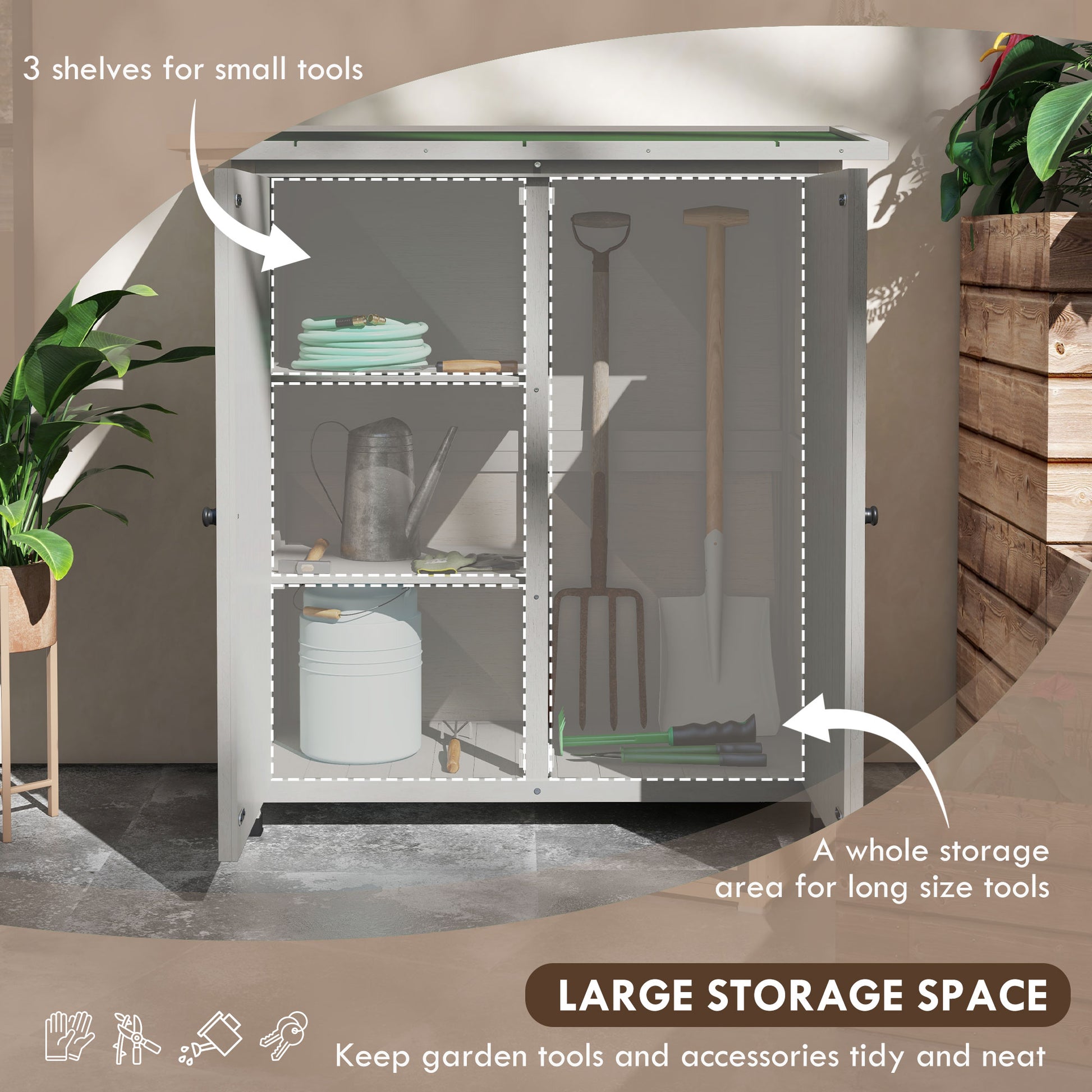 Outsunny Wooden Garden Shed Storage Shed Fir Tool Cabinet Shelves Double Door Light Grey - ALL4U RETAILER LTD