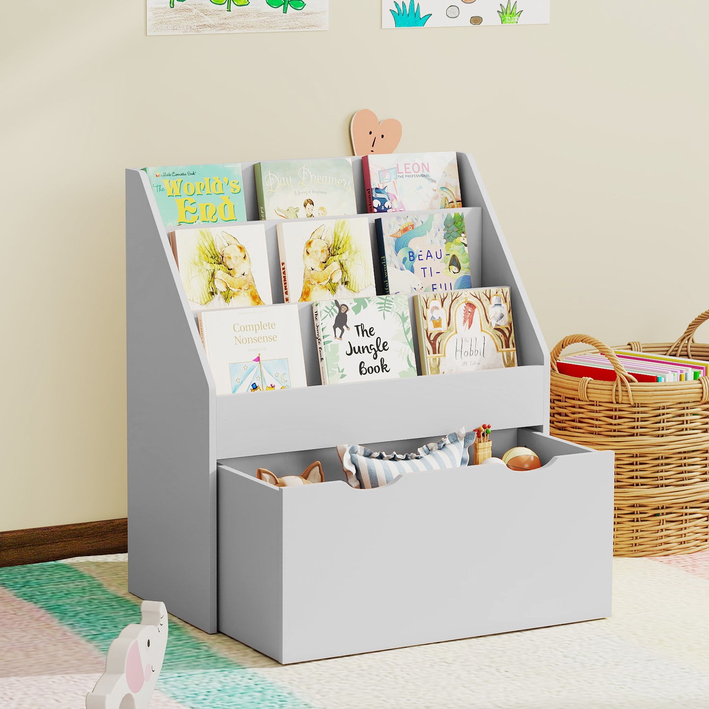 AIYAPLAY Kids Bookcase With Three Shelves And Drawer On Wheels In Grey For Bedroom And Playroom
