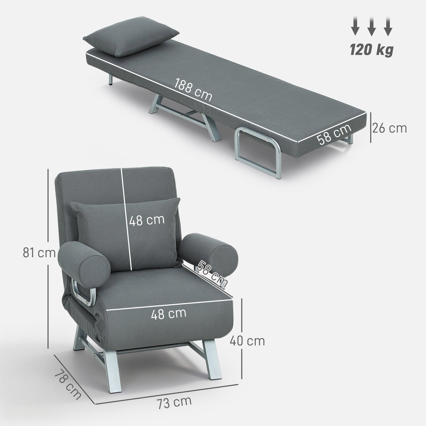 HOMCOM Three in One Sofa Bed with Adjustable Backrest Removable Armrests Dark Grey