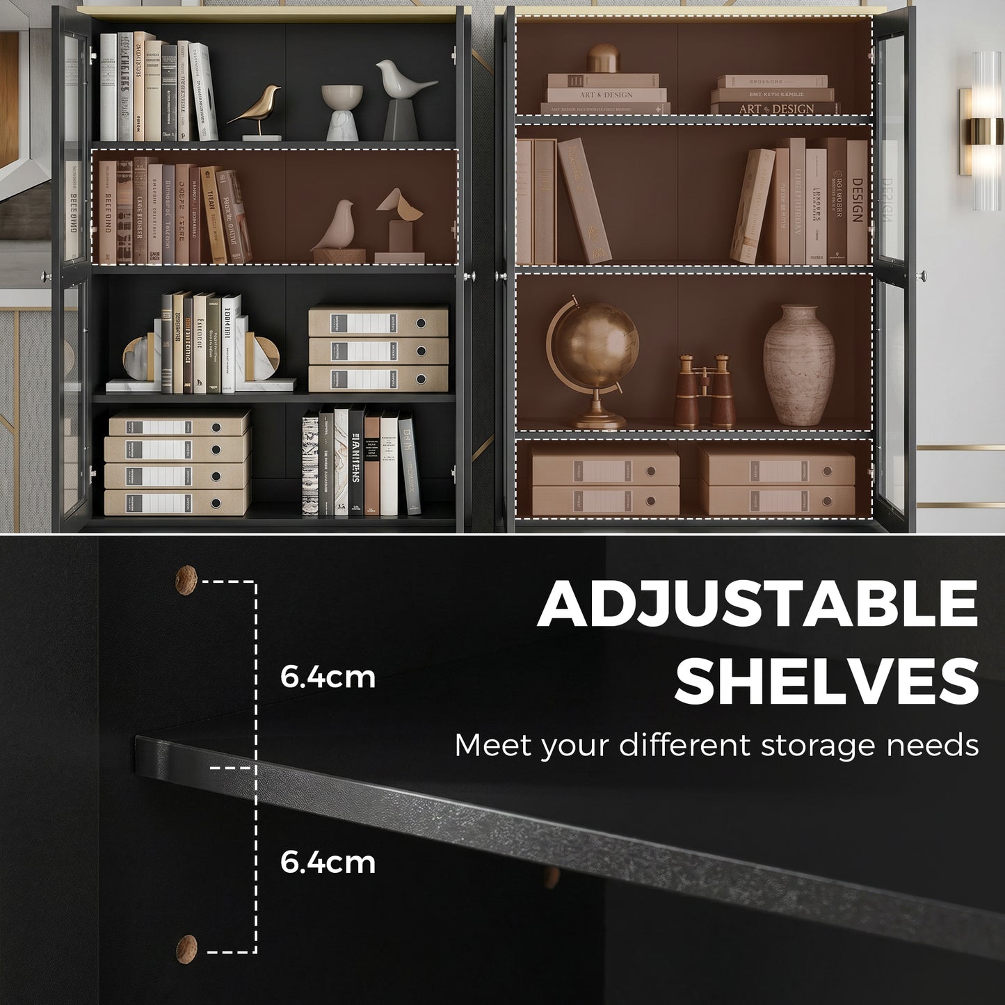 HOMCOM Modern Glass Doors Bookcase With Adjustable Shelves And Display Storage Cabinet Black