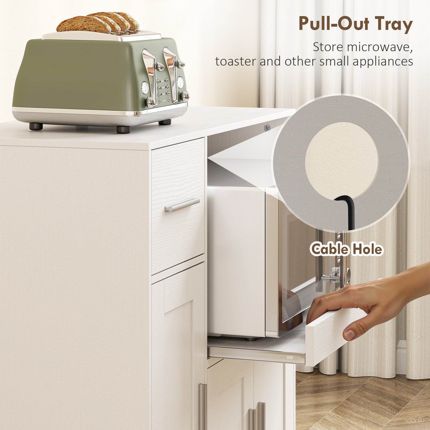 HOMCOM Rolling Kitchen Cart Microwave Cabinet With Sliding Tray Drawer And Three Door Cupboards White