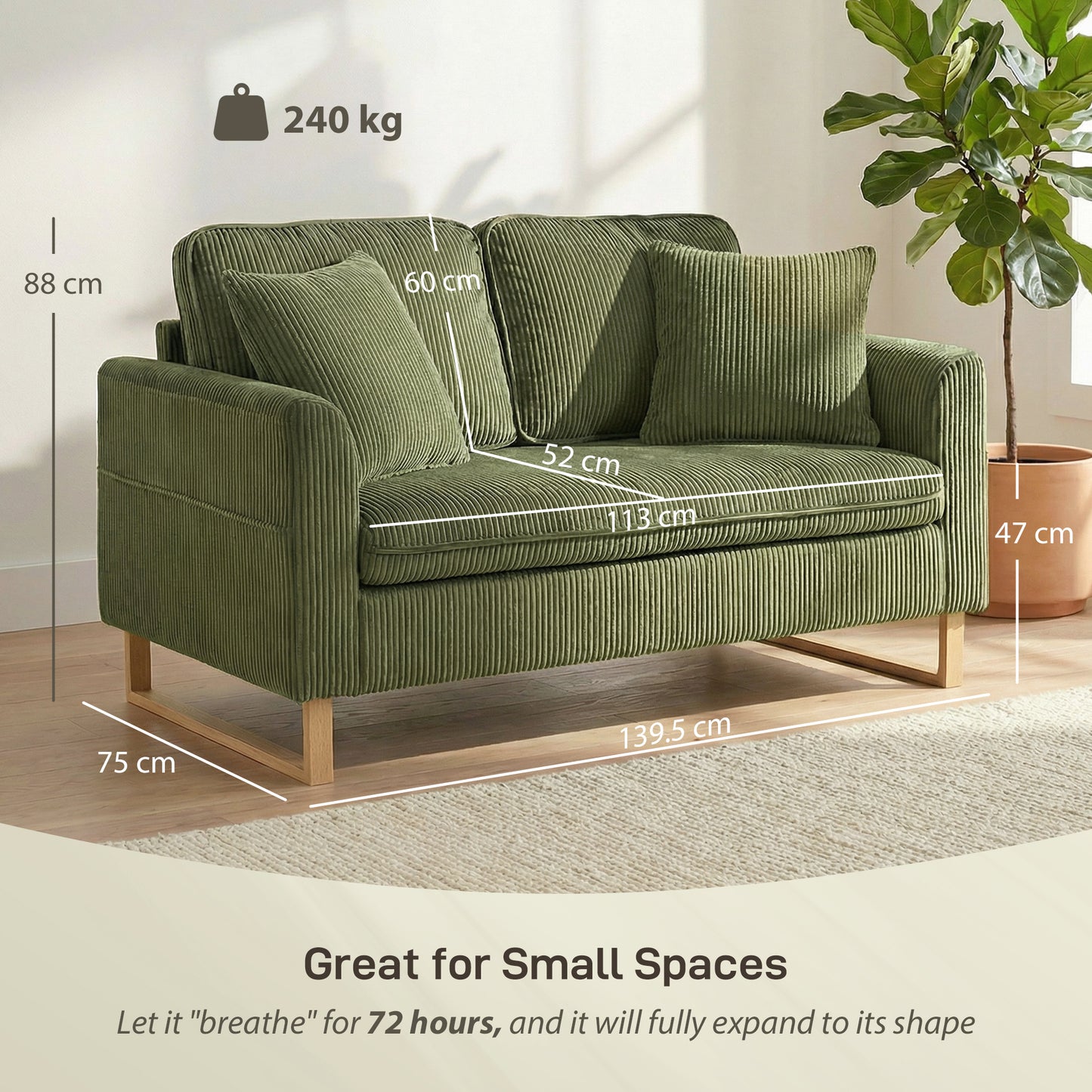 HOMCOM Two Seater Sofa Loveseat 140 Cm With Spring Cushions Metal Legs And Two Pillows Dark Green