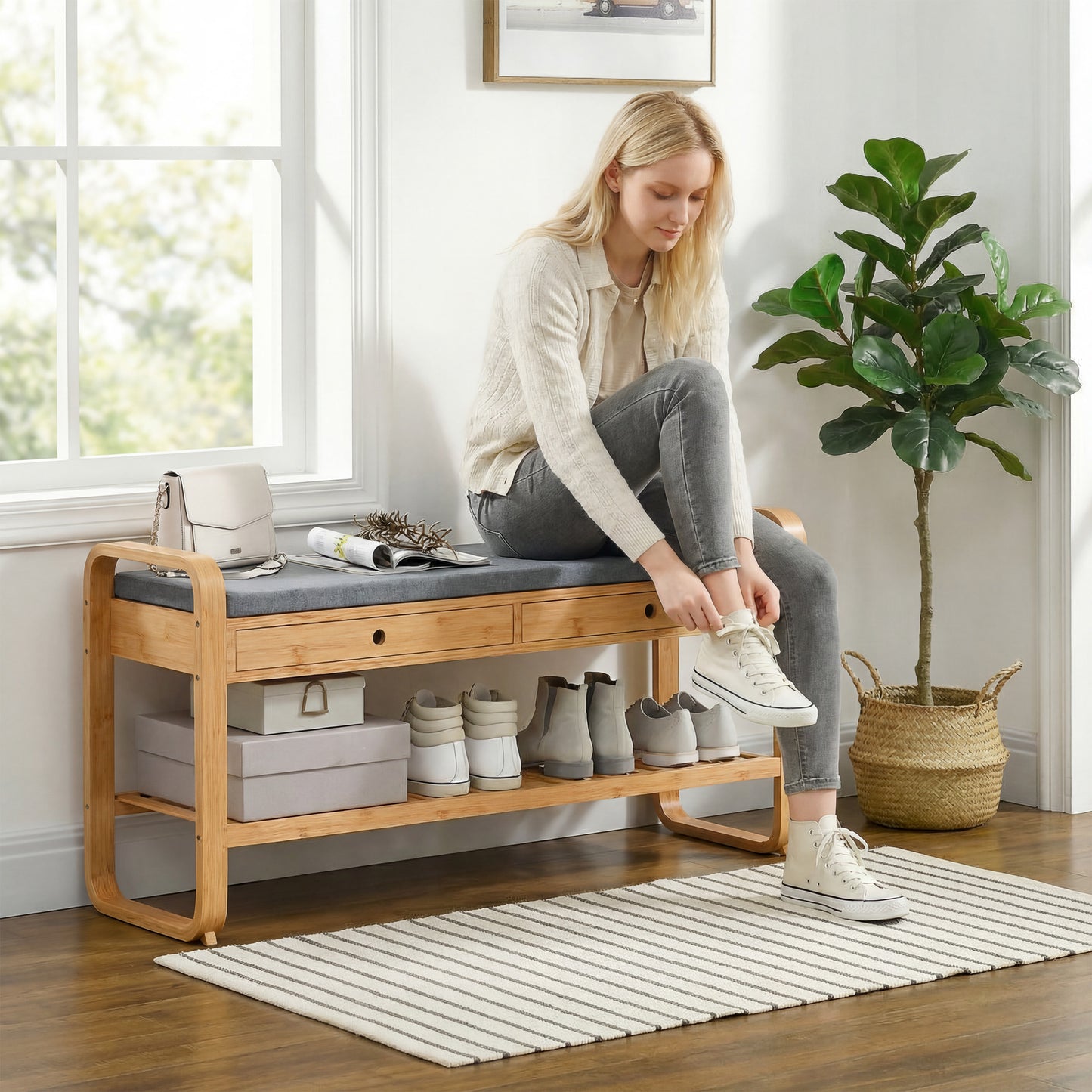 HOMCOM Shoe Bench With Cushioned Seat And Two Drawers 105 Cm Natural And Grey Hallway Storage