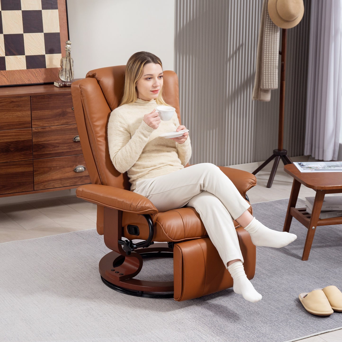HOMCOM Faux Leather Recliner Chair Brown With 135 Degree Recline Built In Footrest And 360 Degree Swivel