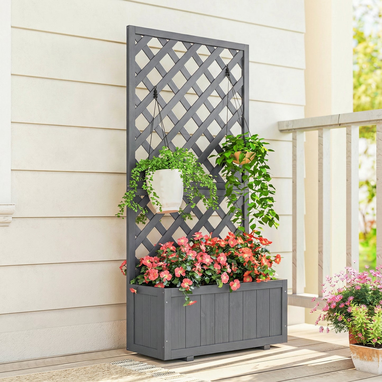 Outsunny Wooden Planter With Trellis For Climbing Plants Herbs And Flowers Raised Bed Planter Box Grey