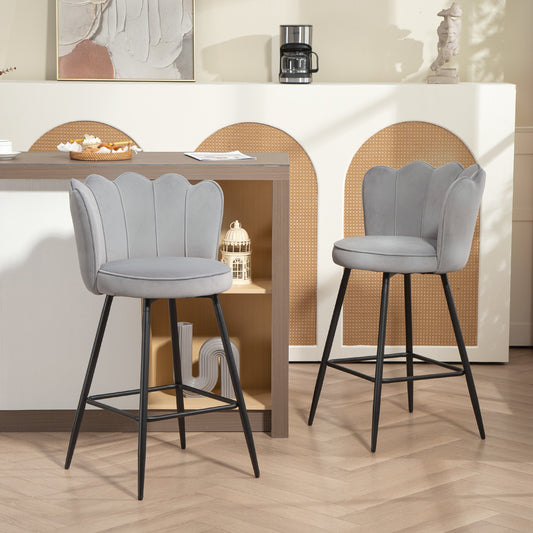 HOMCOM Set Of Two VelvetFeel Lotus Back Bar Stools Grey With HighDensity Foam And Steel Frame