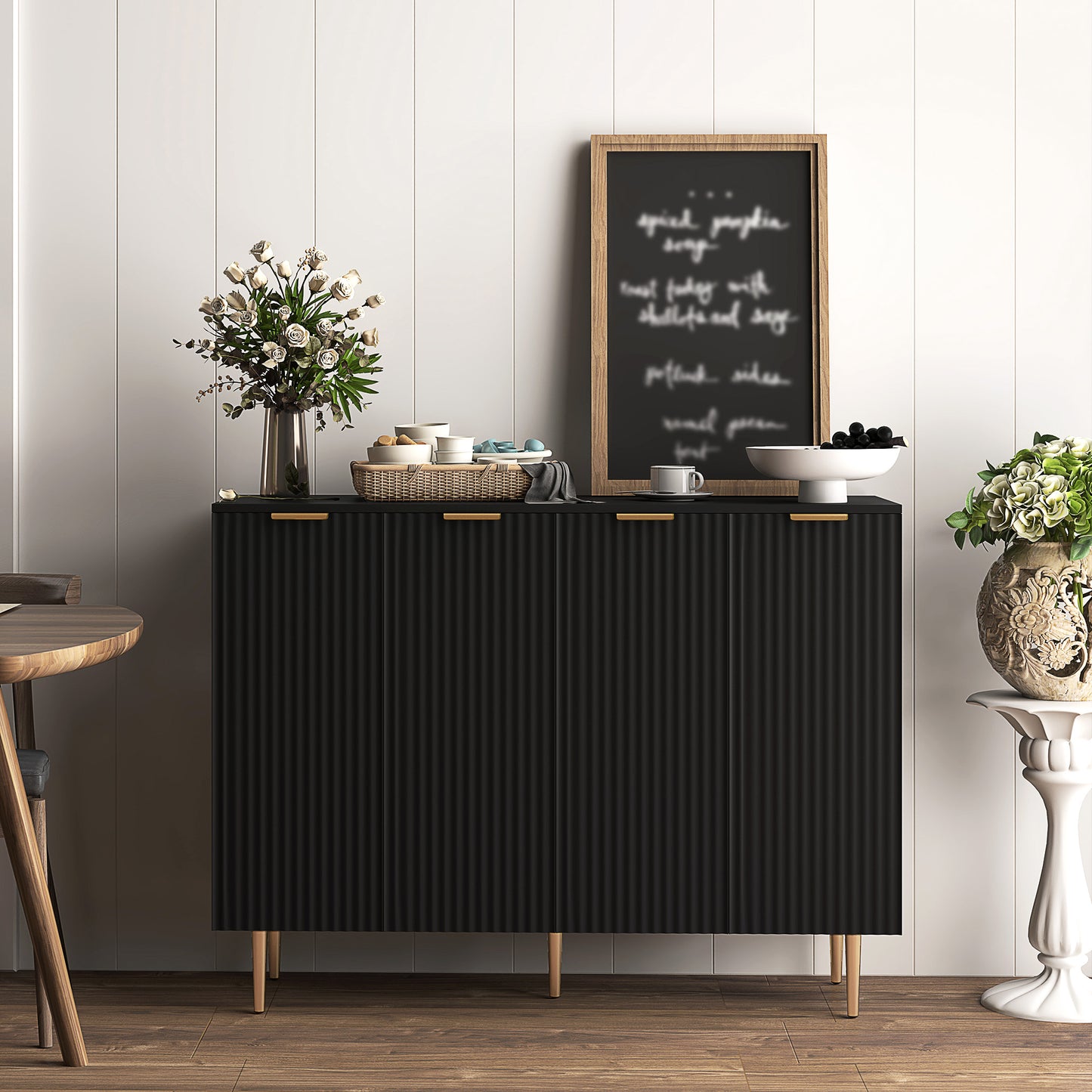 HOMCOM Black Sideboard Buffet Cabinet With Four Doors And Adjustable Shelves For Modern Kitchen Storage