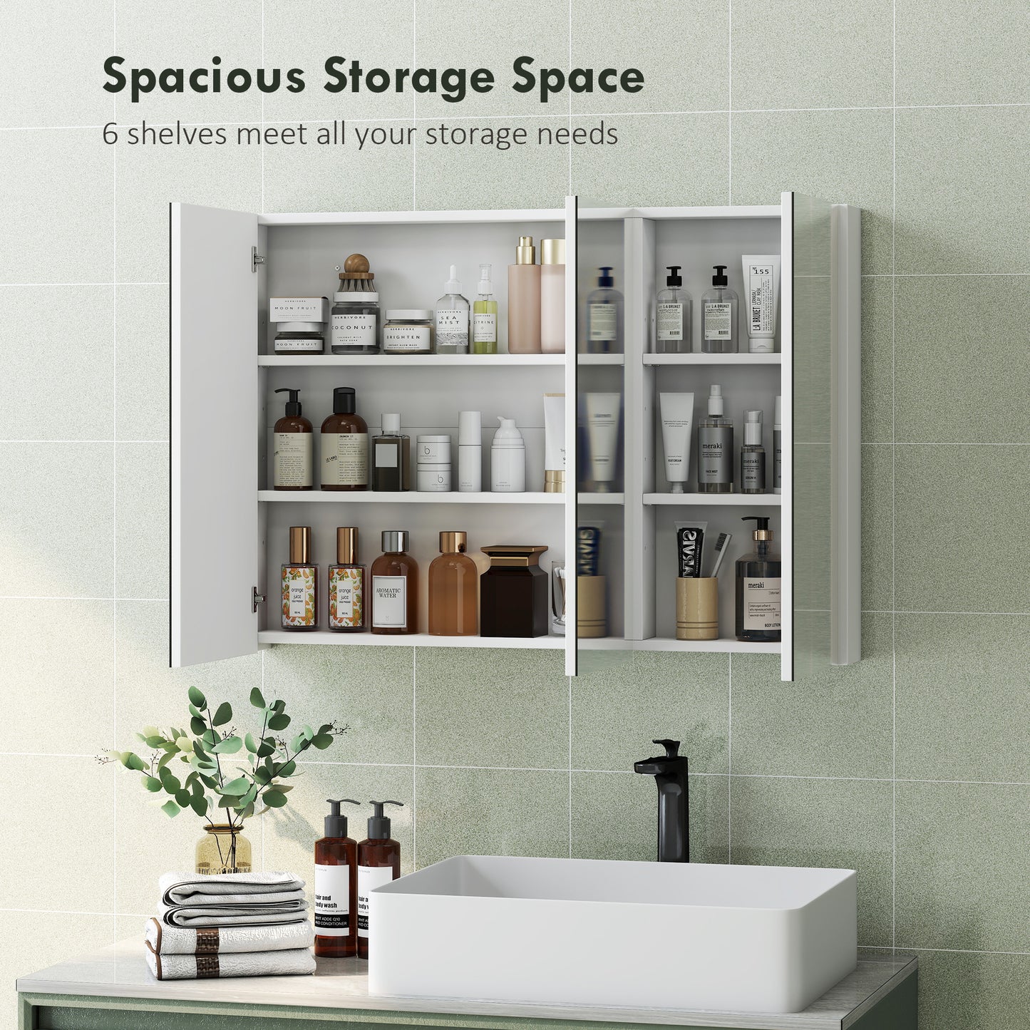 HOMCOM White Three Mirror Doors Bathroom Wall Cabinet With Six Inner Shelves And Four Adjustable Shelves
