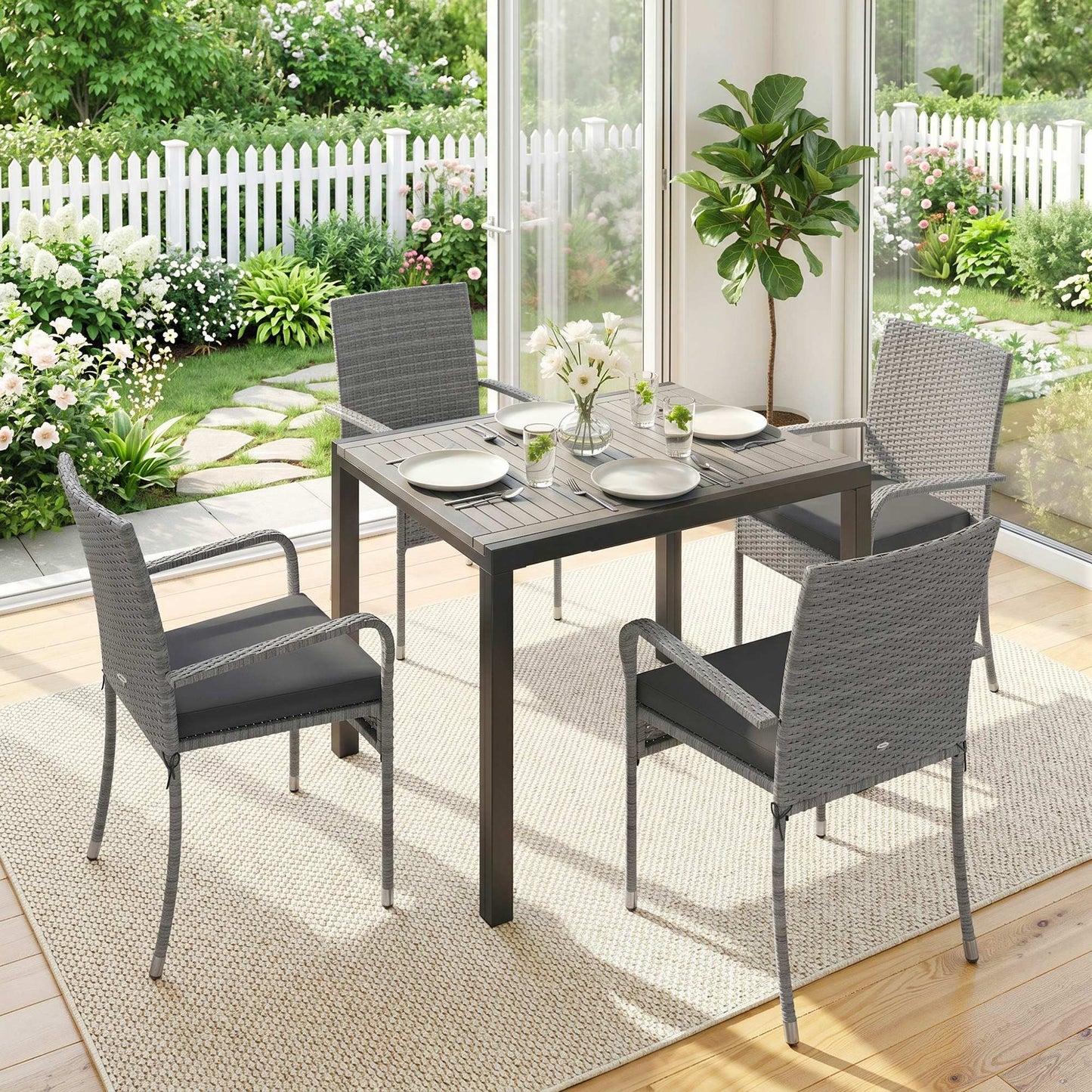 Outsunny 7 Piece Rattan Garden Furniture Set With Extendable Acacia Wood Tabletop 6 Seater Dining And Stackable Chairs