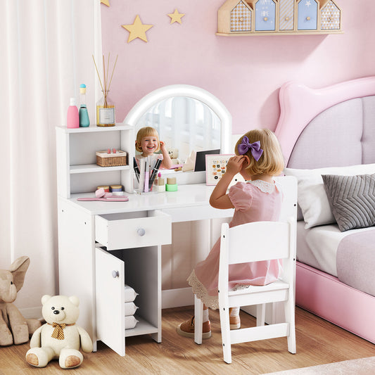 AIYAPLAY Girls Dressing Table And Chair Set With 2 Colour LED Mirror Stool Cabinet Drawers And Shelves White