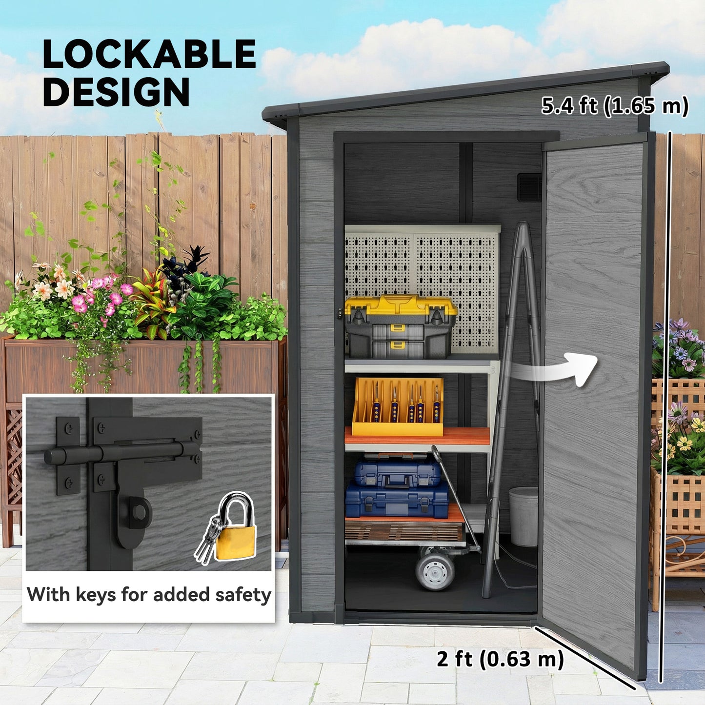 Outsunny 4x5 Garden Storage Shed Lean To Lockable Shed With Window Vent And Plastic Roof Wood Effect