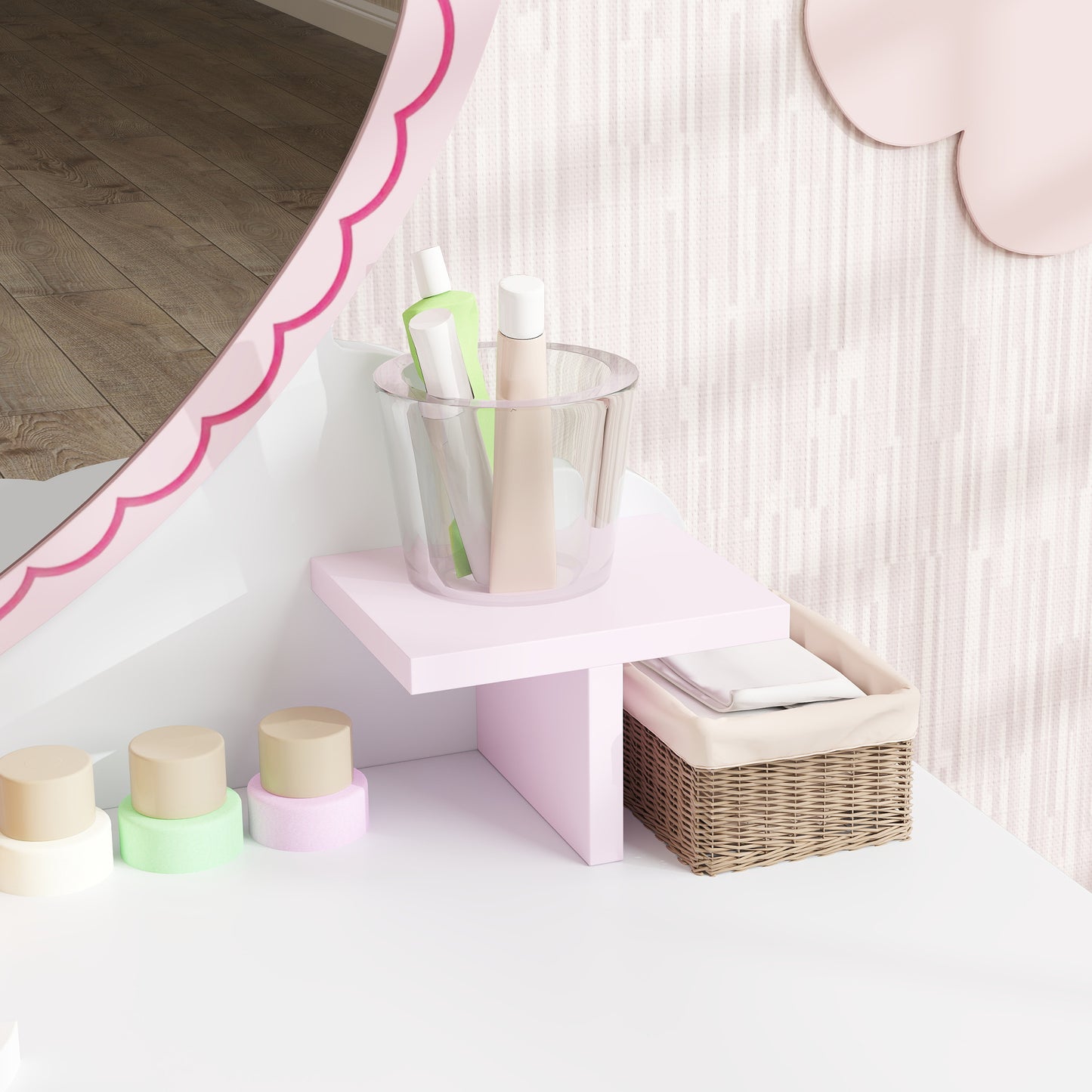 AIYAPLAY Kids Vanity Dressing Table Set With Stool Mirror Drawer And Desktop Storage Heart Theme Pink