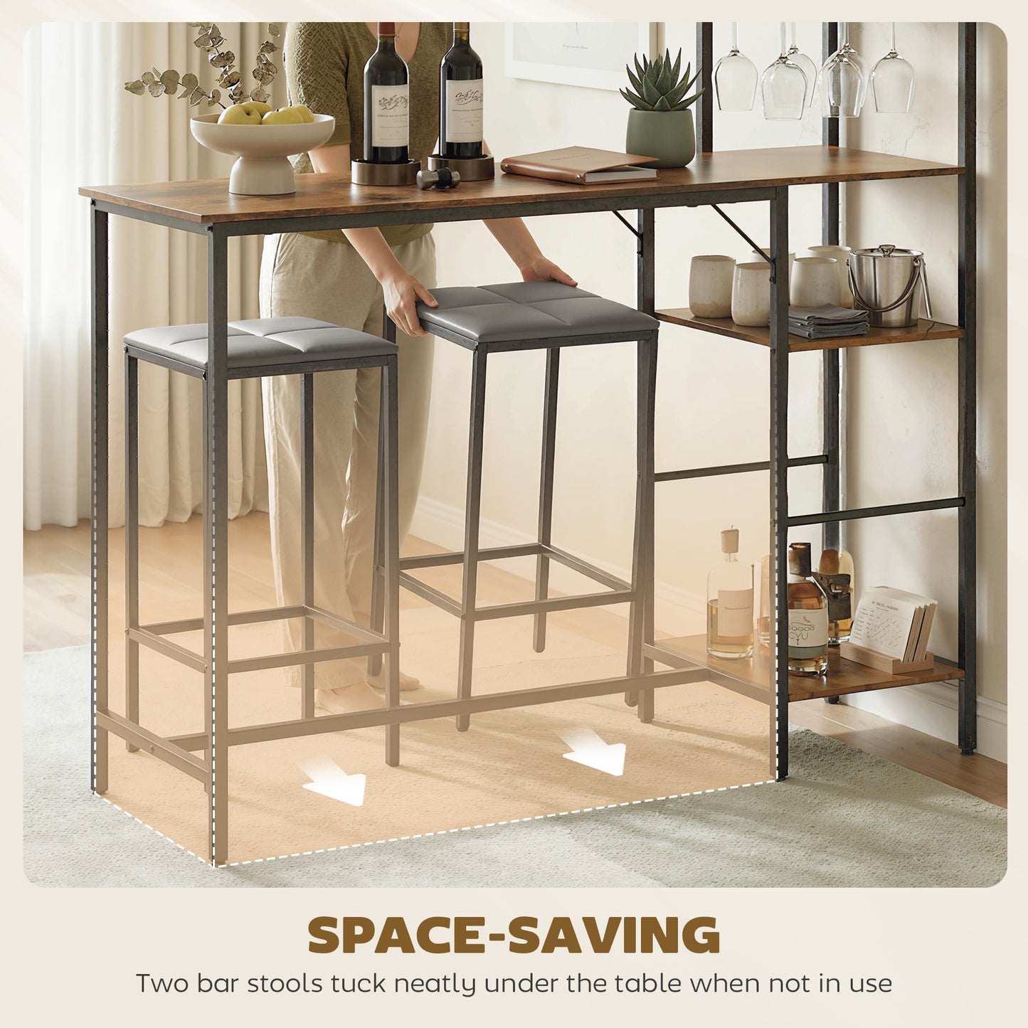 HOMCOM 3 Piece Breakfast Bar Table And Stools Set In Rustic Brown With 4 Tier Shelving And Wine Glass Racks
