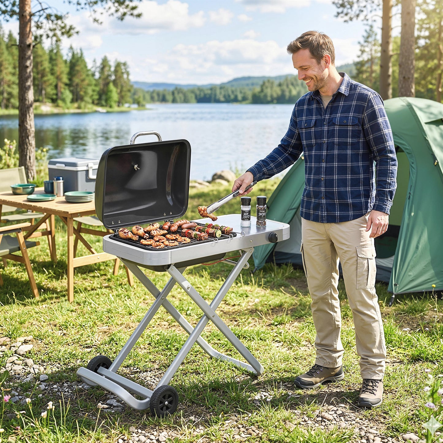 Outsunny Foldable Gas BBQ Grill With Side Table Portable 2.5 KW Thermometer Grease Box Wheels Black