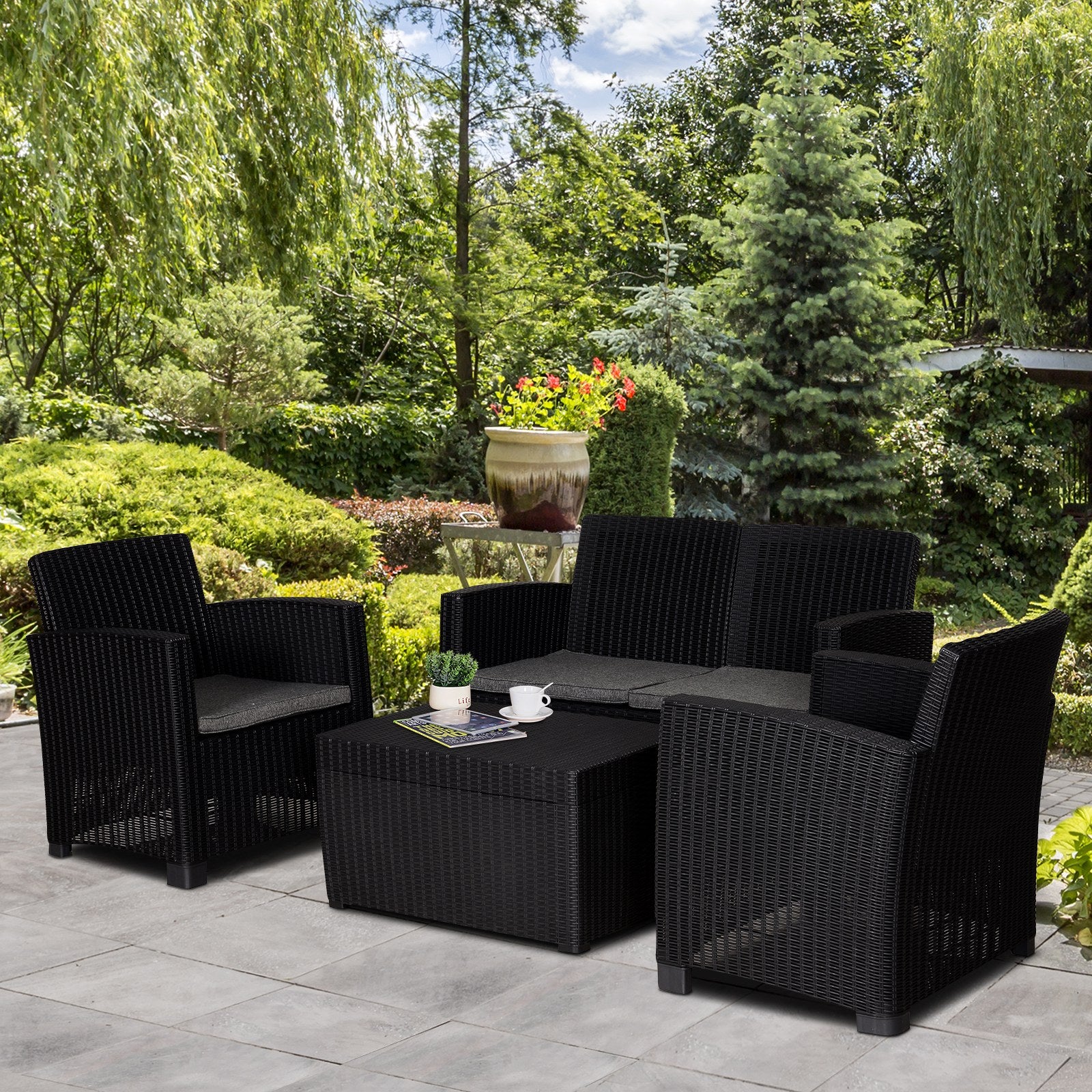 Outsunny Black Rattan-Style Outdoor Sofa Set for 4 - Includes 2 Chairs, 1 Bench, and Coffee Table with Cushions - ALL4U RETAILER LTD