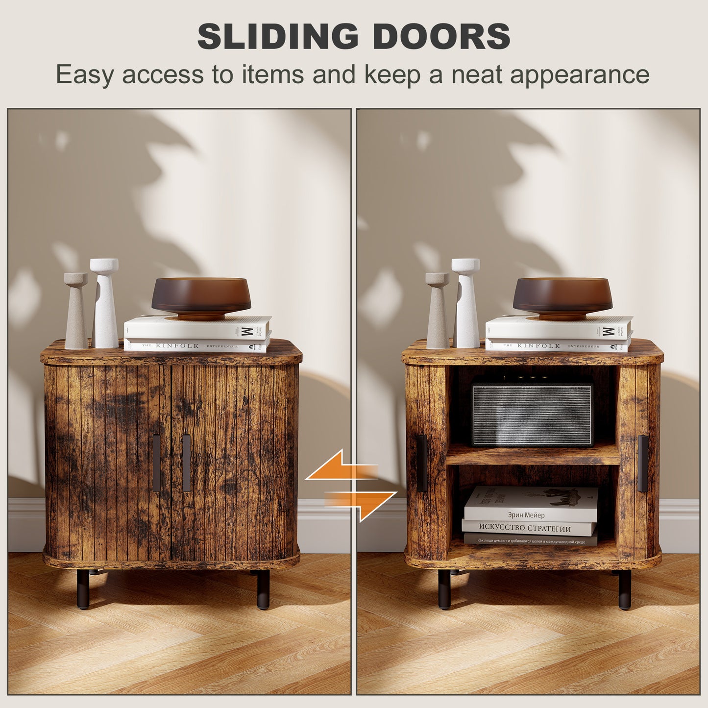 HOMCOM Bedside Table Nordic Nightstand With Roller Shutter Style Sliding Doors And Metal Legs Rustic Brown