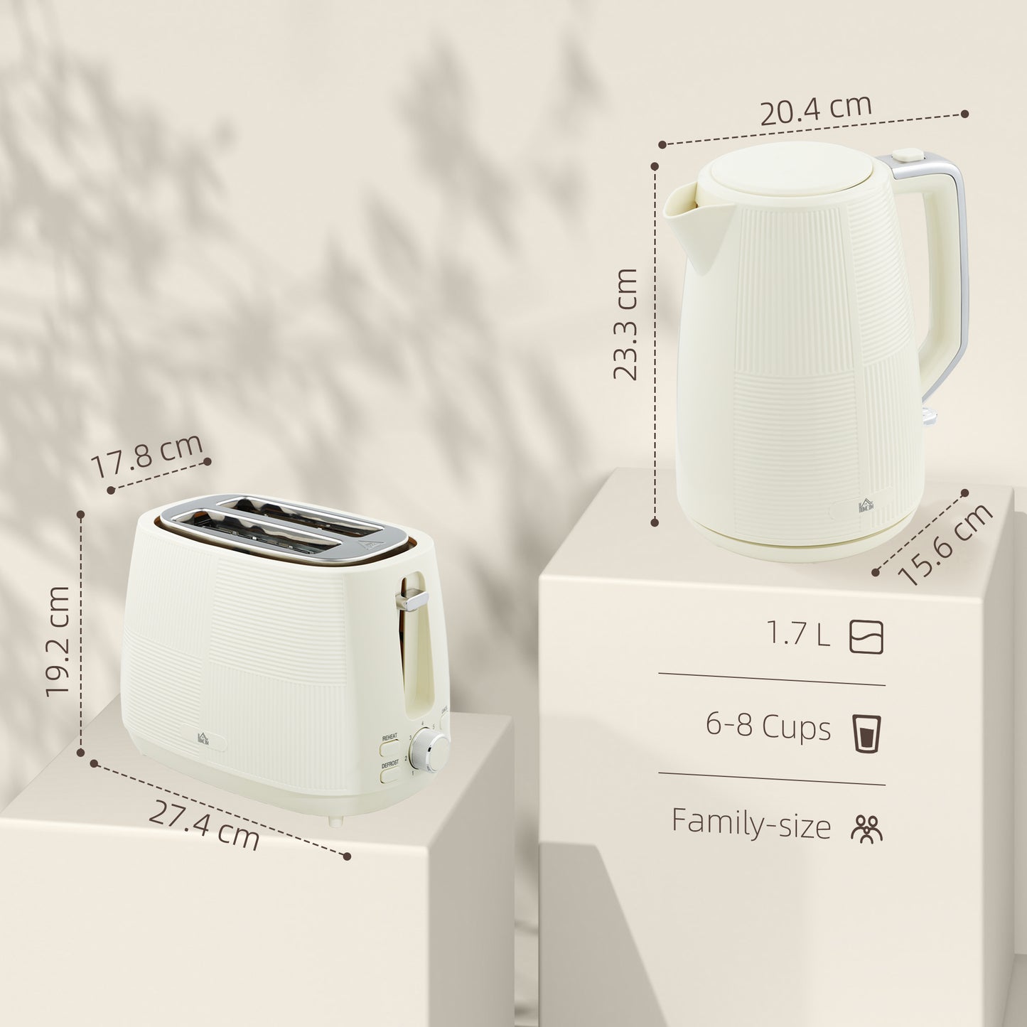 HOMCOM Cream Kettle And Toaster Set 1.7L 3000W Fast Boil Kettle With 7 Level Browning Defrost Reheat Auto Shutoff