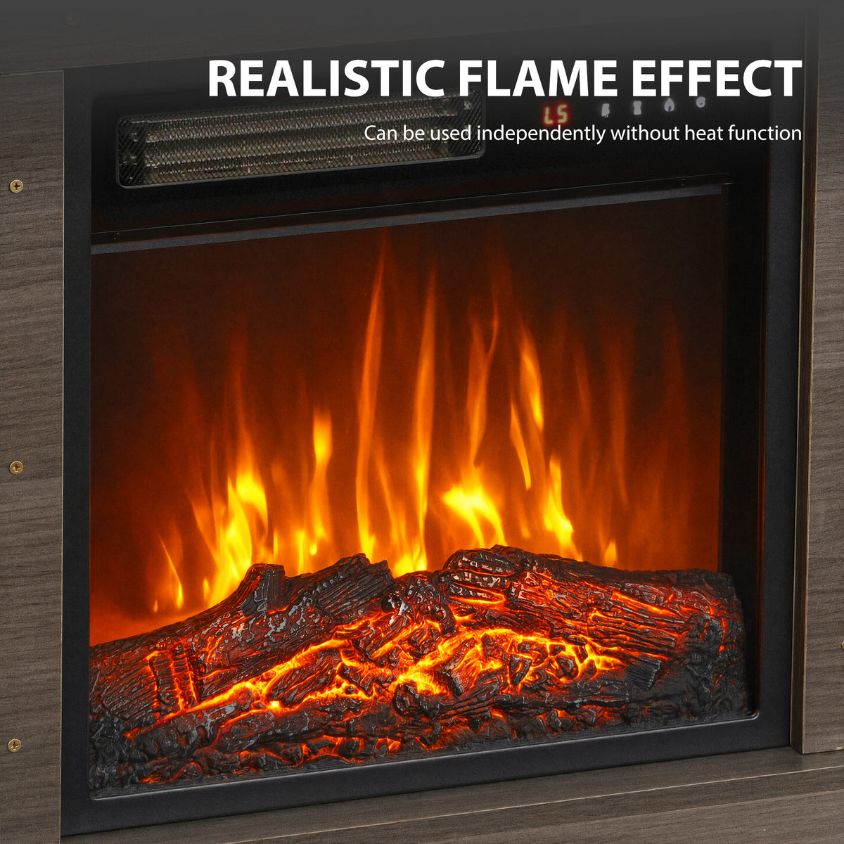 Front view of the electric fireplace insert with bright orange flames behind a glass panel