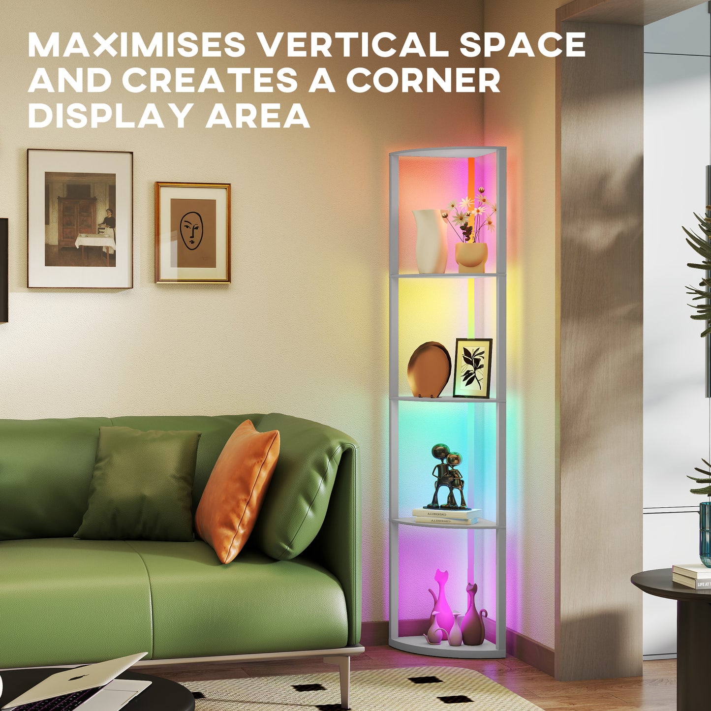 HOMCOM RGB LED Floor Lamp With Shelves 5 Tier Dimmable Standing Lamp Remote Control For Living Room Bedroom Office Grey