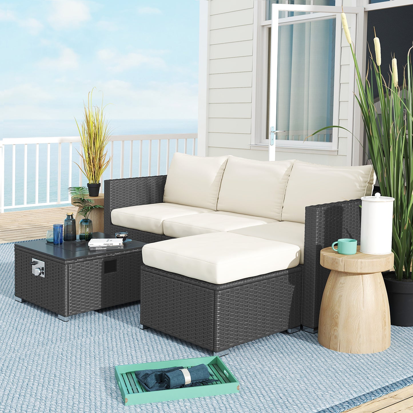 Outsunny Five Piece Rattan Garden Furniture Set With Gas Fire Pit Table And Footstool In Black And Cream White