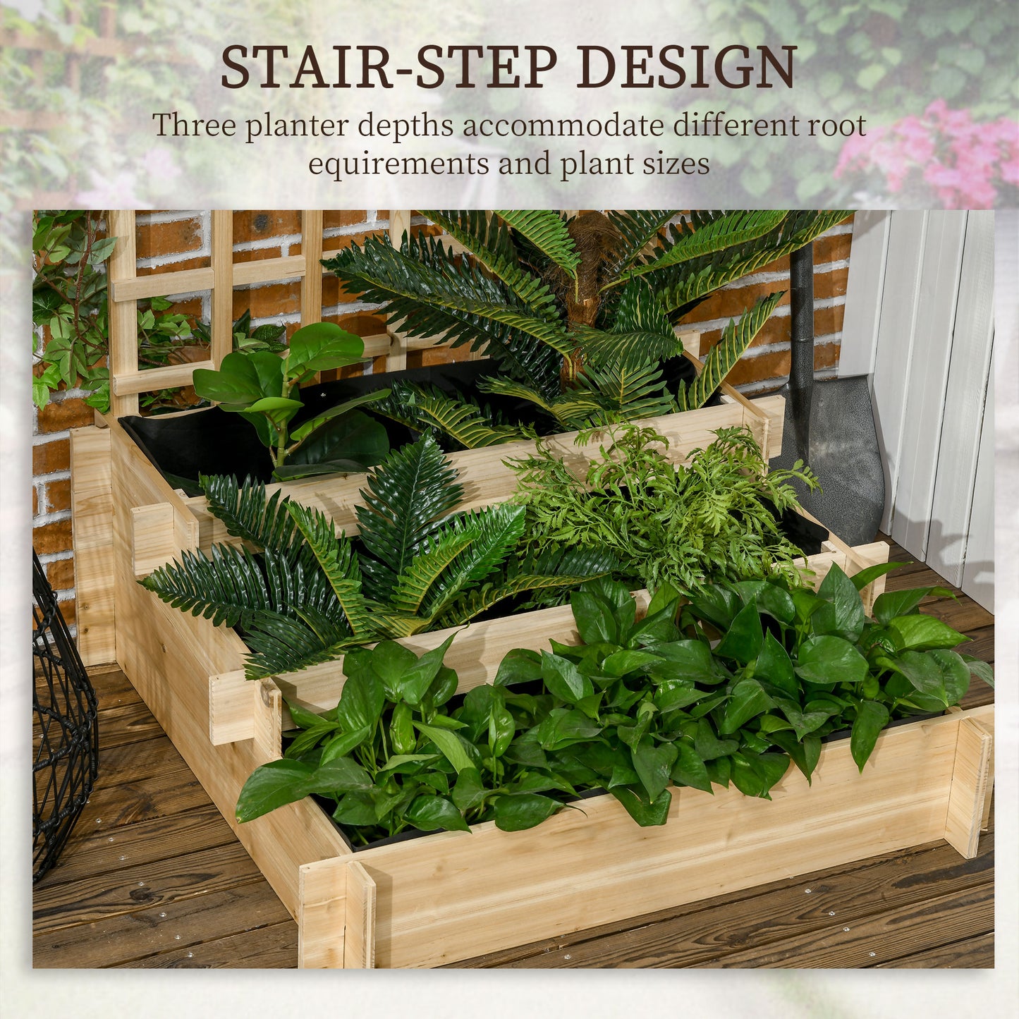 Outsunny 3 Tier Garden Planters With Trellis For Vine Climbing Wooden Raised Beds 95x95x110cm Natural Tone