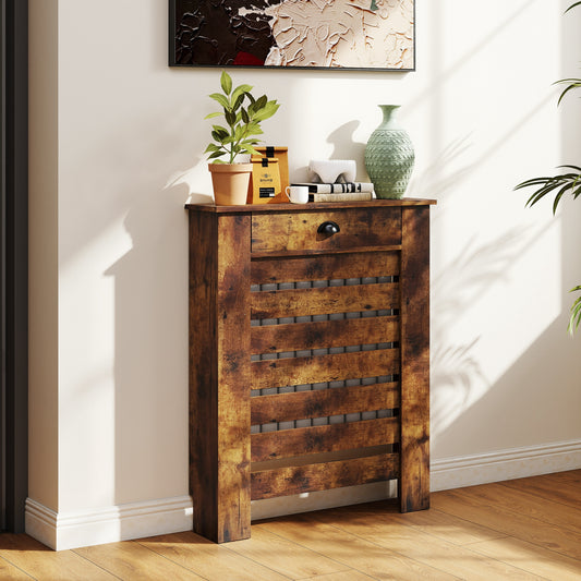 HOMCOM Slim Radiator Cover with Drawer Rustic Brown Slatted MDF and Particle Board