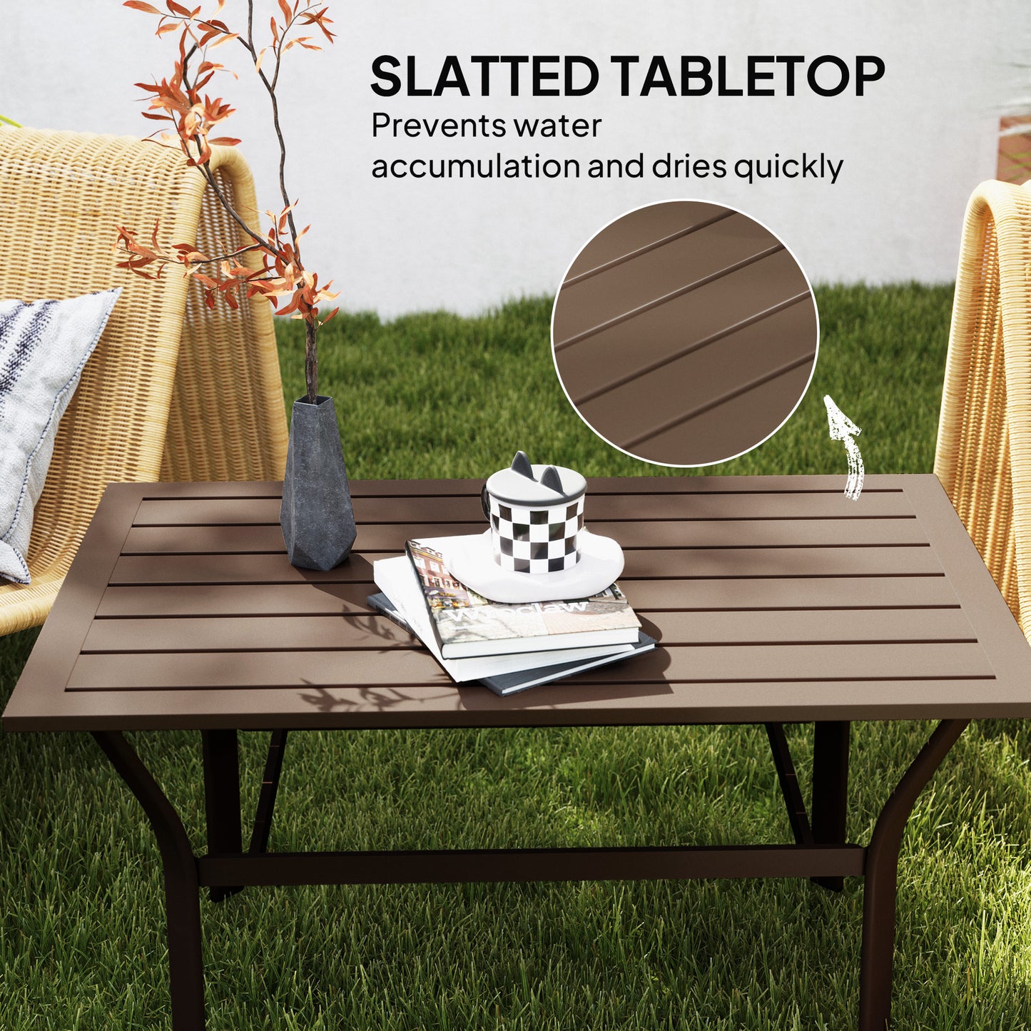 Outsunny Metal Garden Coffee Table 91.5 x 55 x 45 cm Slatted Top Weatherproof Outdoor Side Table Brown