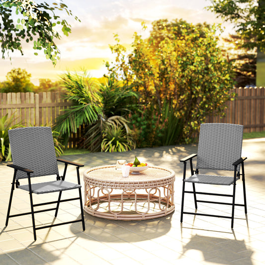 Outsunny Folding Rattan Chairs Set Of Two Outdoor Grey Weather Resistant Steel Frame Patio Seating