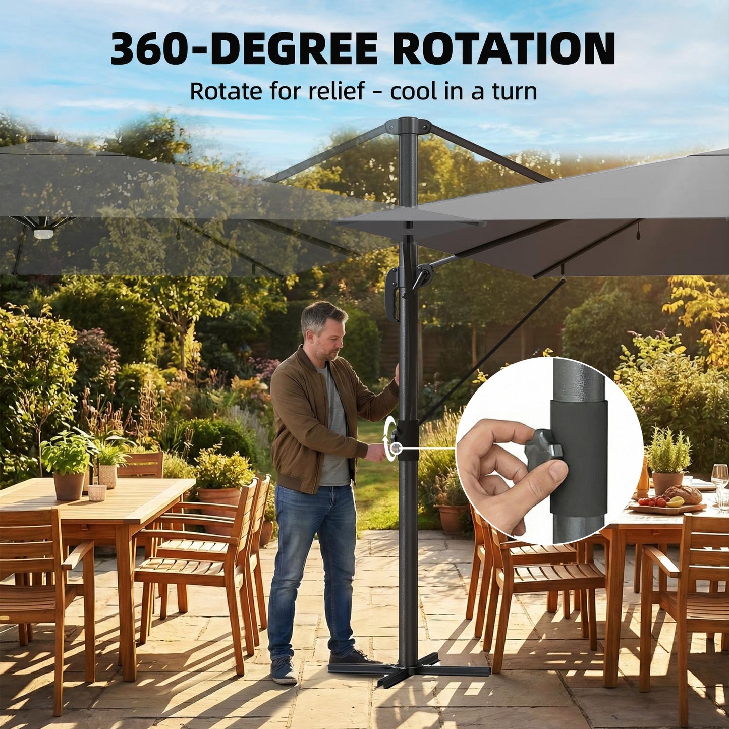 Outsunny 3m x 3m Cantilever Garden Parasol With Light And Cover, Wind Protection, 360 Degree Rotation, Grey